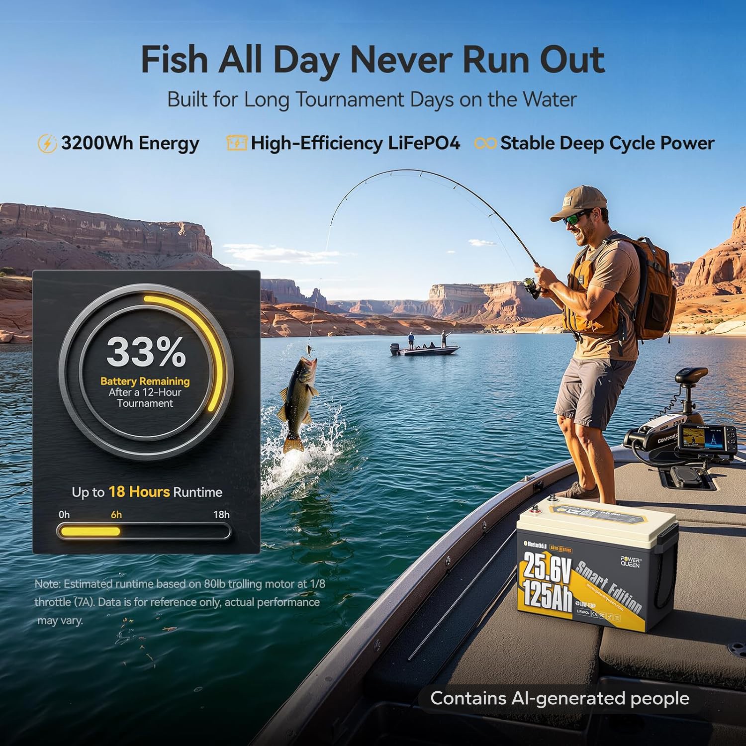Power Queen New 24V 125AH LiFePO4 Lithium Battery Self-Heating ForTrolling Motor