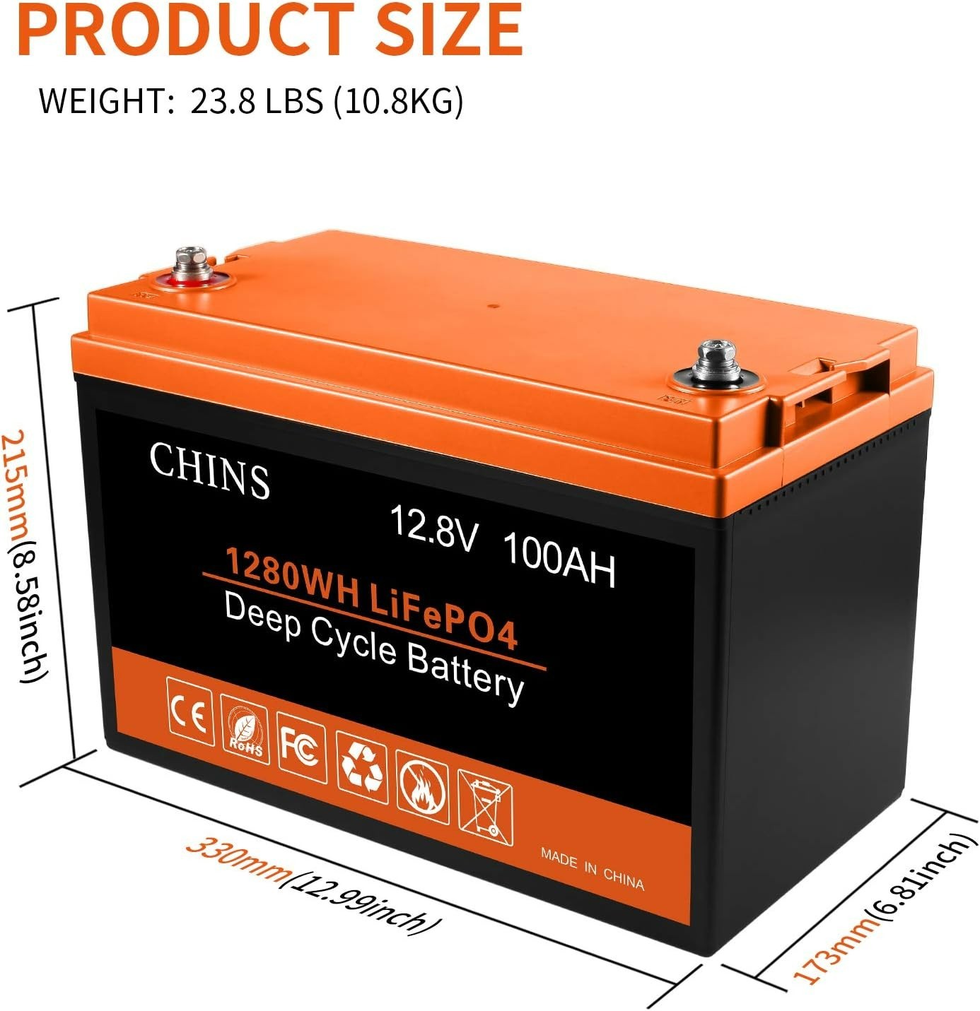 CHINS LiFePO4 Battery Bluetooth Smart 12.8V 100AH Low Temperature Heating