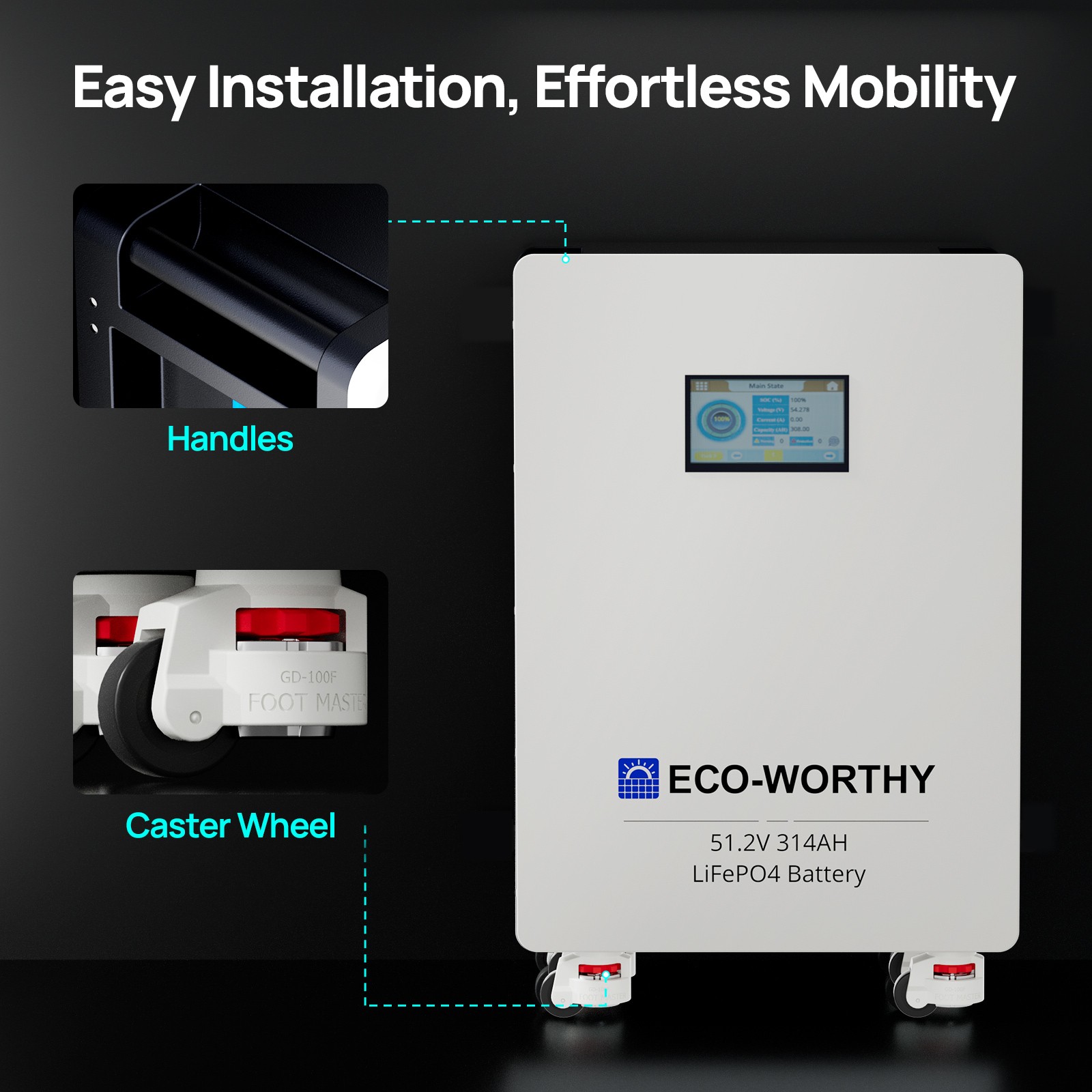 ECO-WORTHY 14kWh 48V 280AH LiFePO4 Battery Vertical Standing Solar Backup 1pack