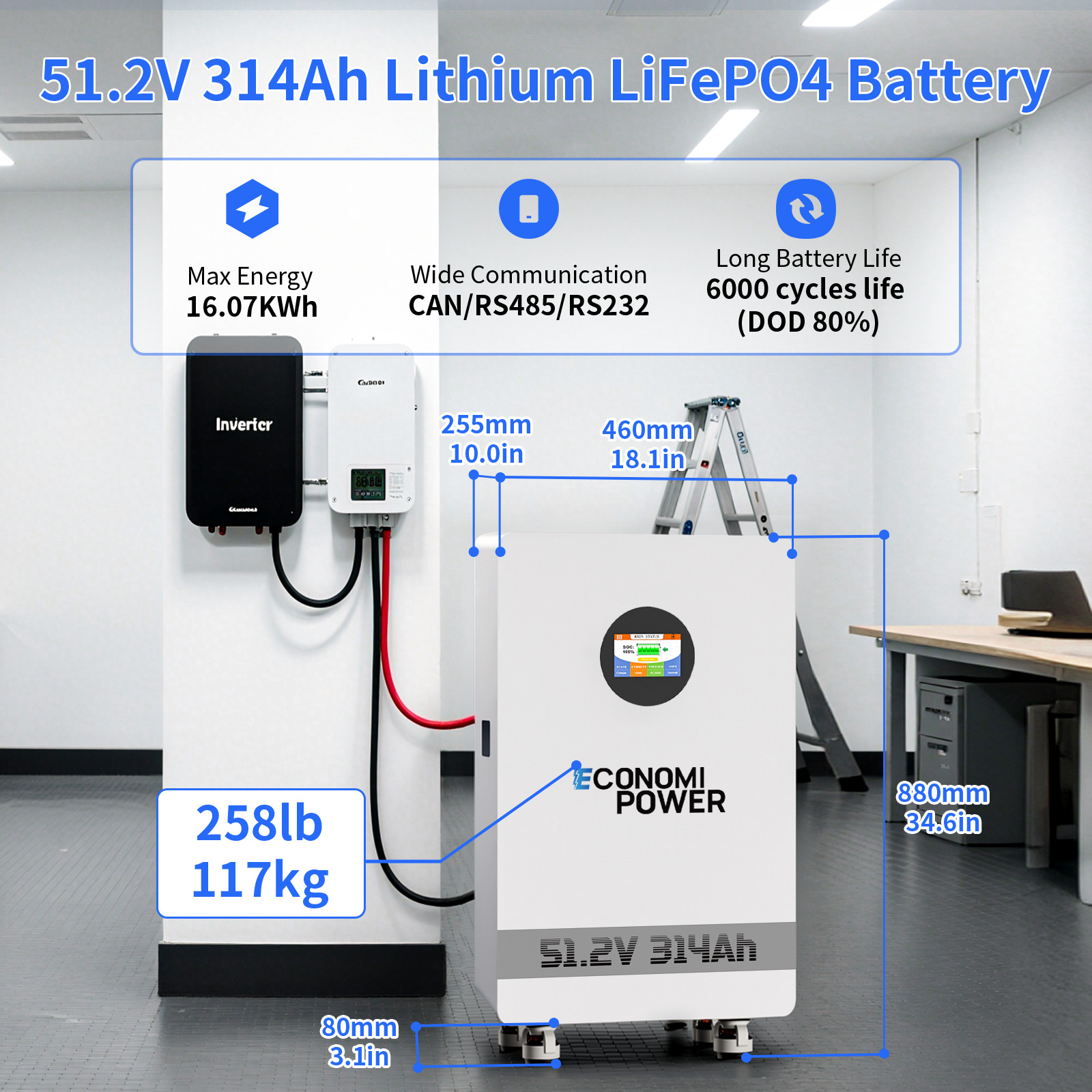 48V 300Ah LiFePO4 Battery 15.36kWh with Bluetooth for Home Solar Energy Storage