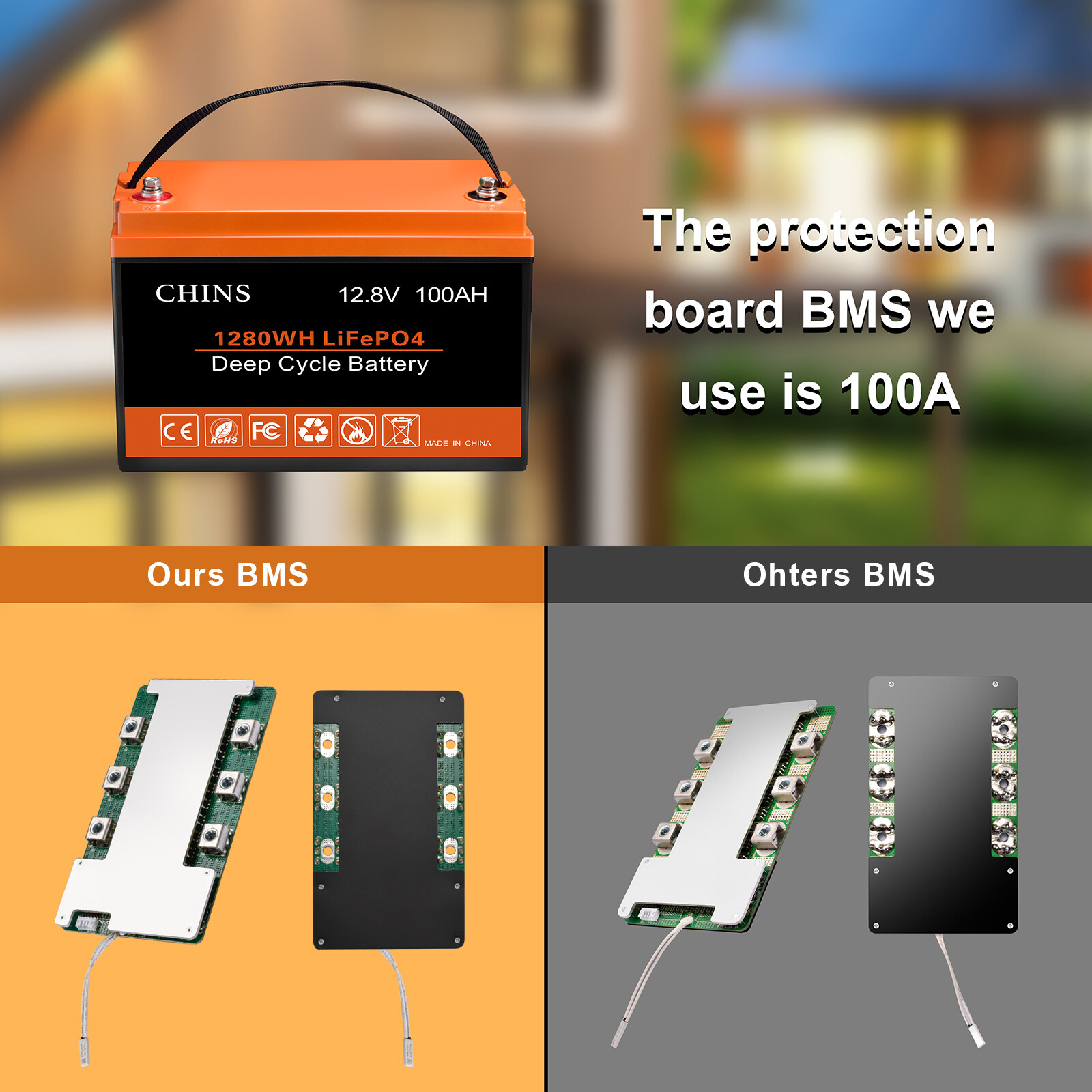 CHINS 100AH 12V Deep Cycle LiFePO4 Lithium Battery for RV Solar System Home BMS
