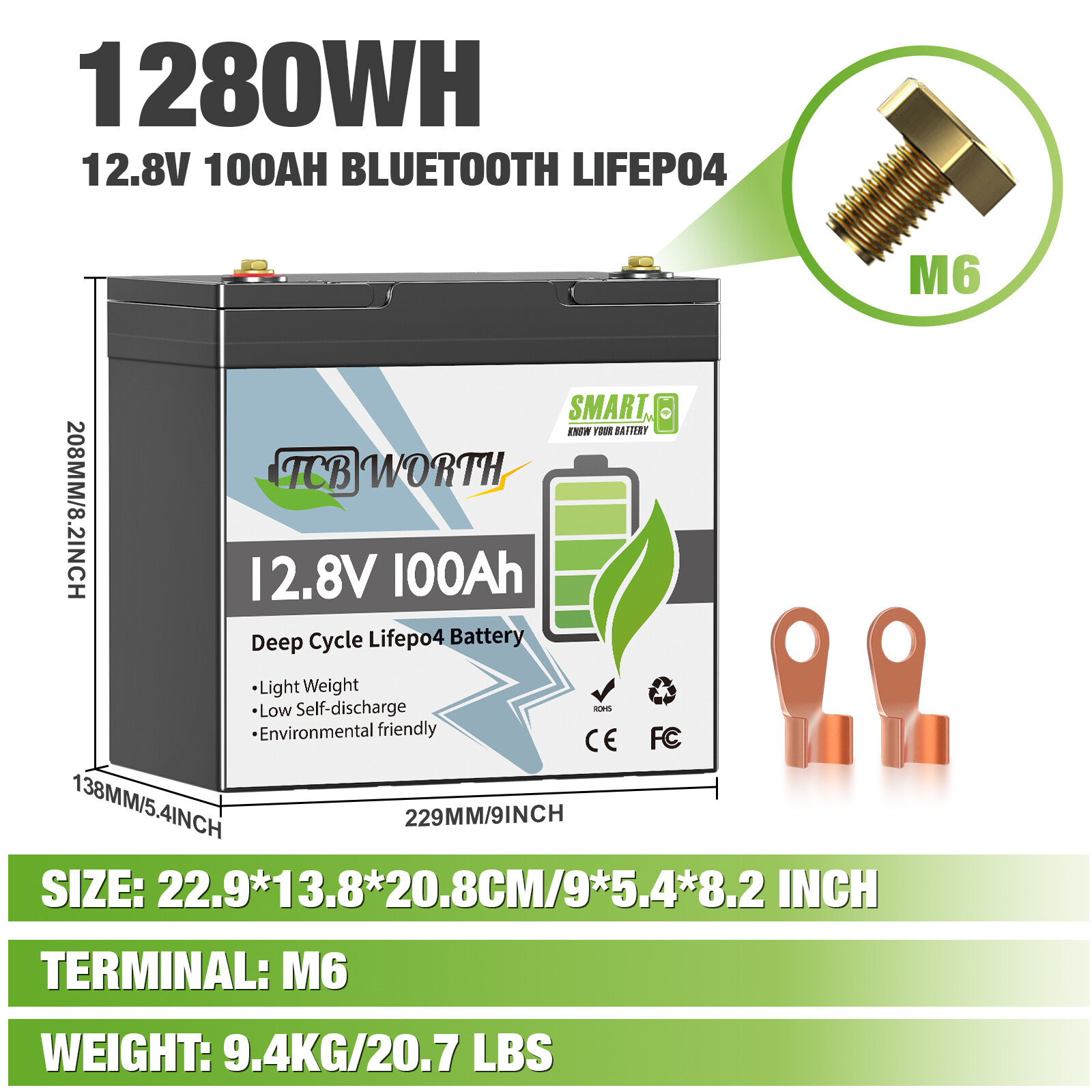 12V 100AH LiFePO4 Lithium MINI Battery Bluetooth 100A BMS for Solar RV Off-grid