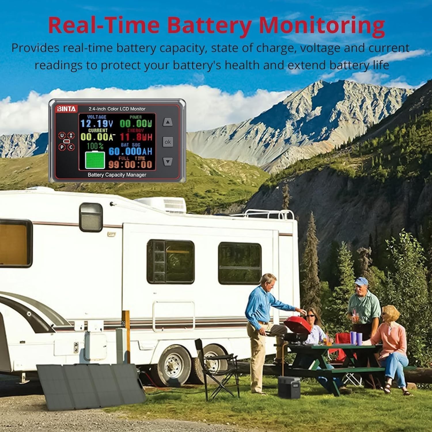 500A Battery Monitor Shunt 8-100V 2.4 Inch Color Screen for Lifepo4 Lithium