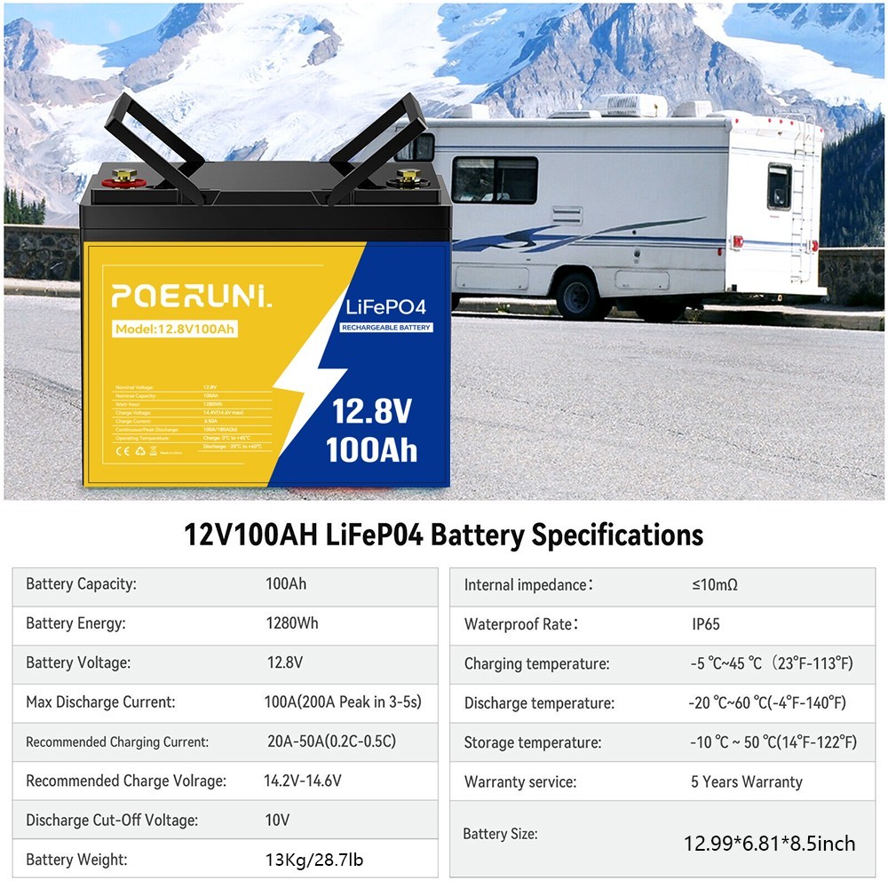 12.8V 100Ah LiFePO4 Battery 1280Wh 4000+Cycles Built-in 100A BMS For Off-Grid RV