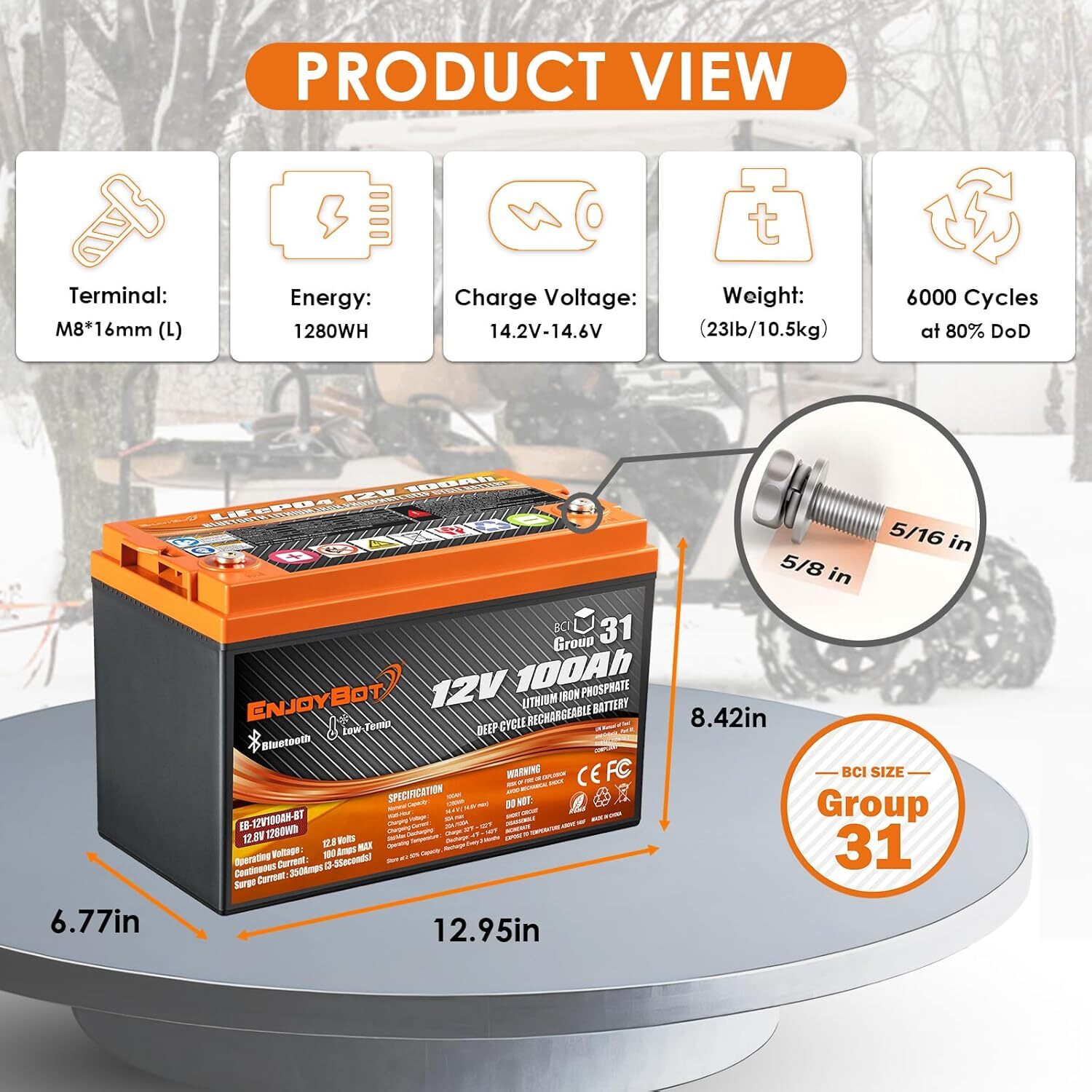12V 100Ah LiFePO4 Lithium Battery BlueTooth 100A BMS for RV Solar Trolling Motor
