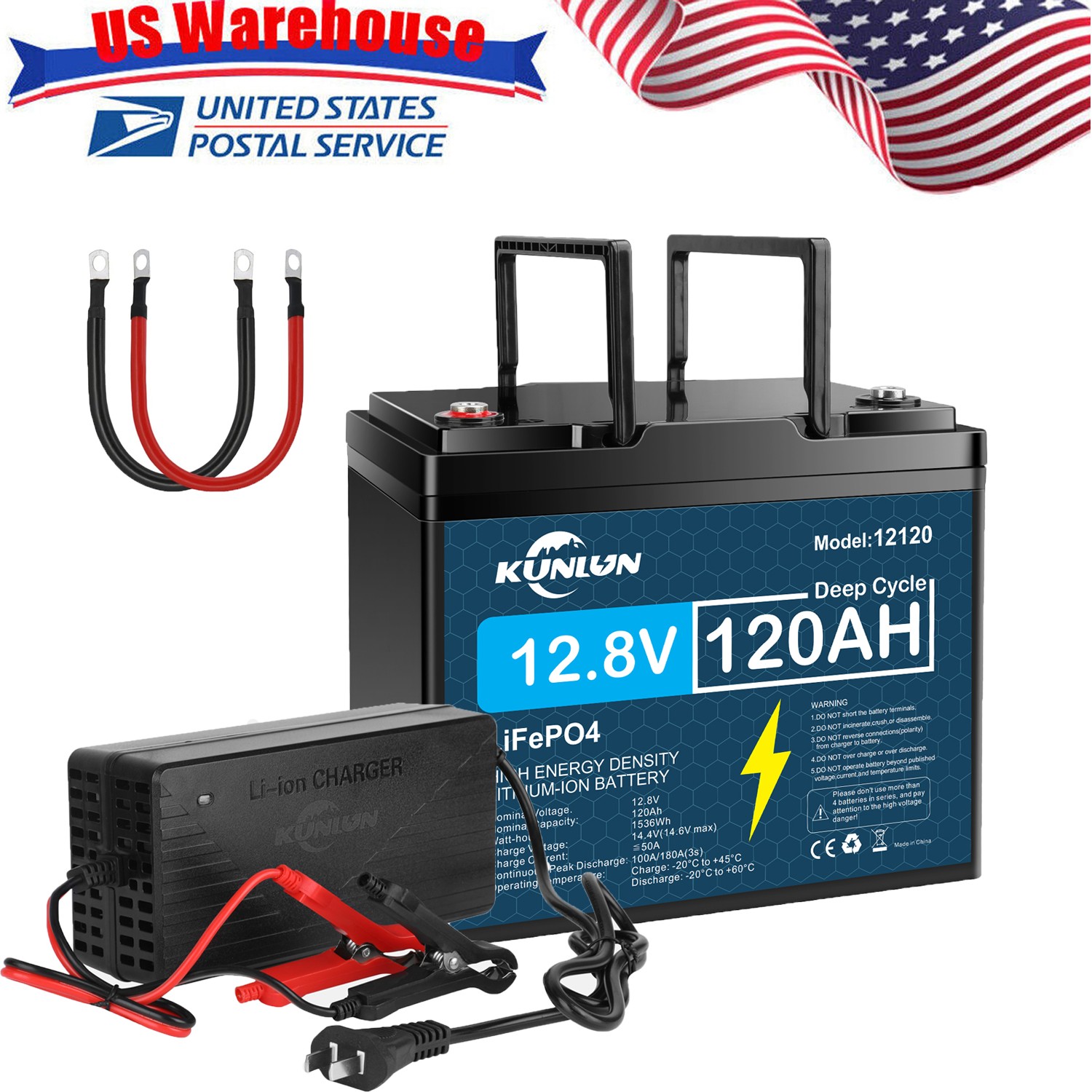 KUNLUN 1536Wh 12V 120Ah LiFePO4 Lithium Battery Deep Cycle BMS With 20A Charger