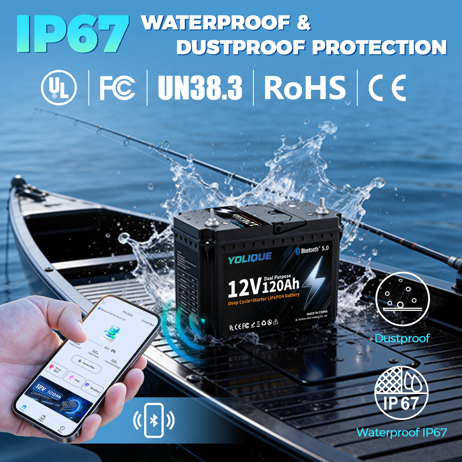 YOLIQUE 12V 120Ah LiFePO4 Marine Starter & Storage Battery, 1536Wh Group 31