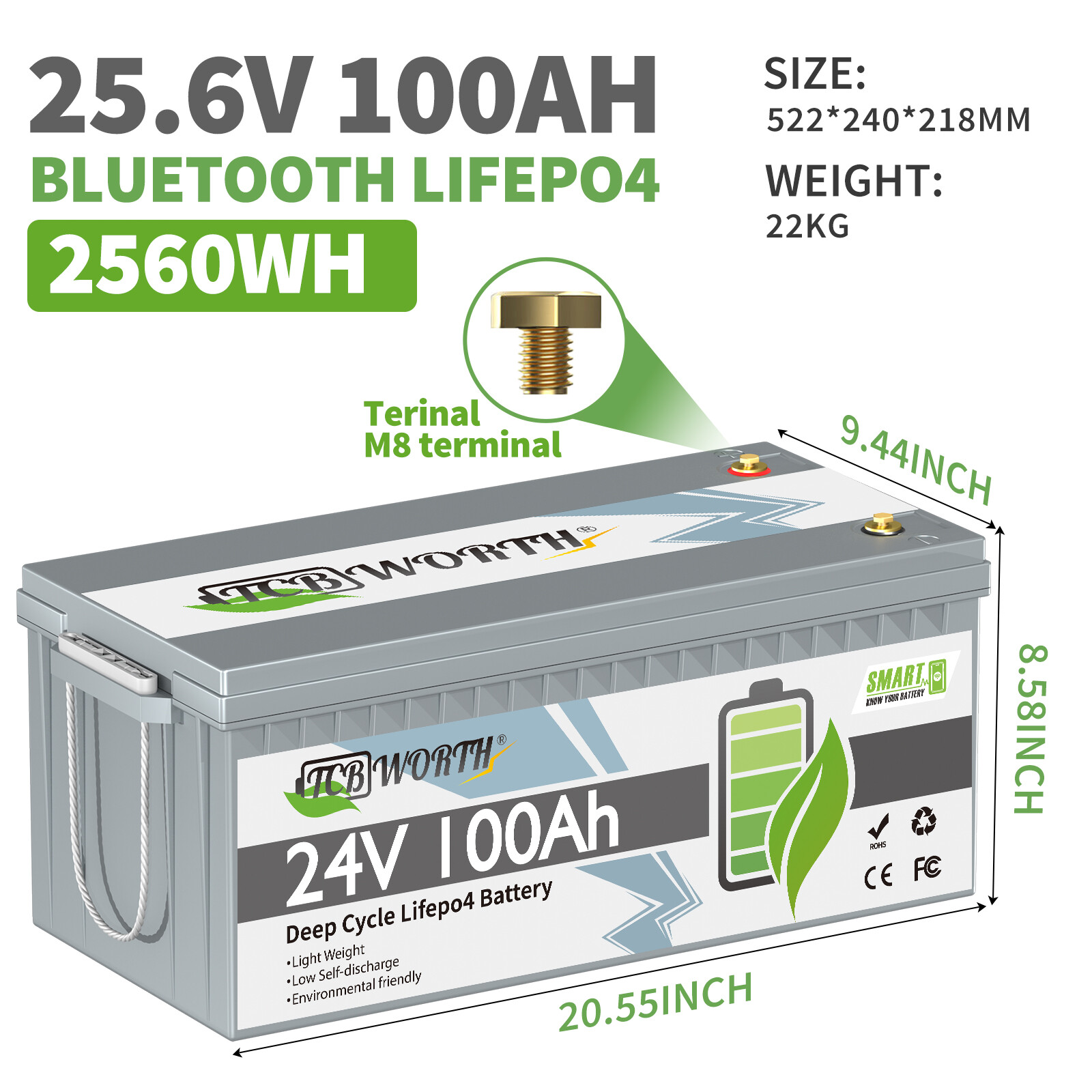 24V 100Ah LiFePO4 Lithium Battery Smart for RV Camping Marine Solar System