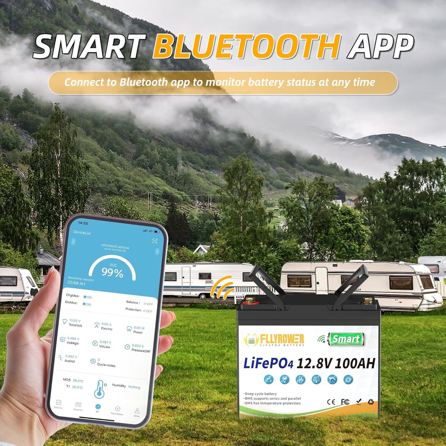12V 100Ah LiFePO4 Lithium Battery Bluetooth monitoring For RV Solar Marine