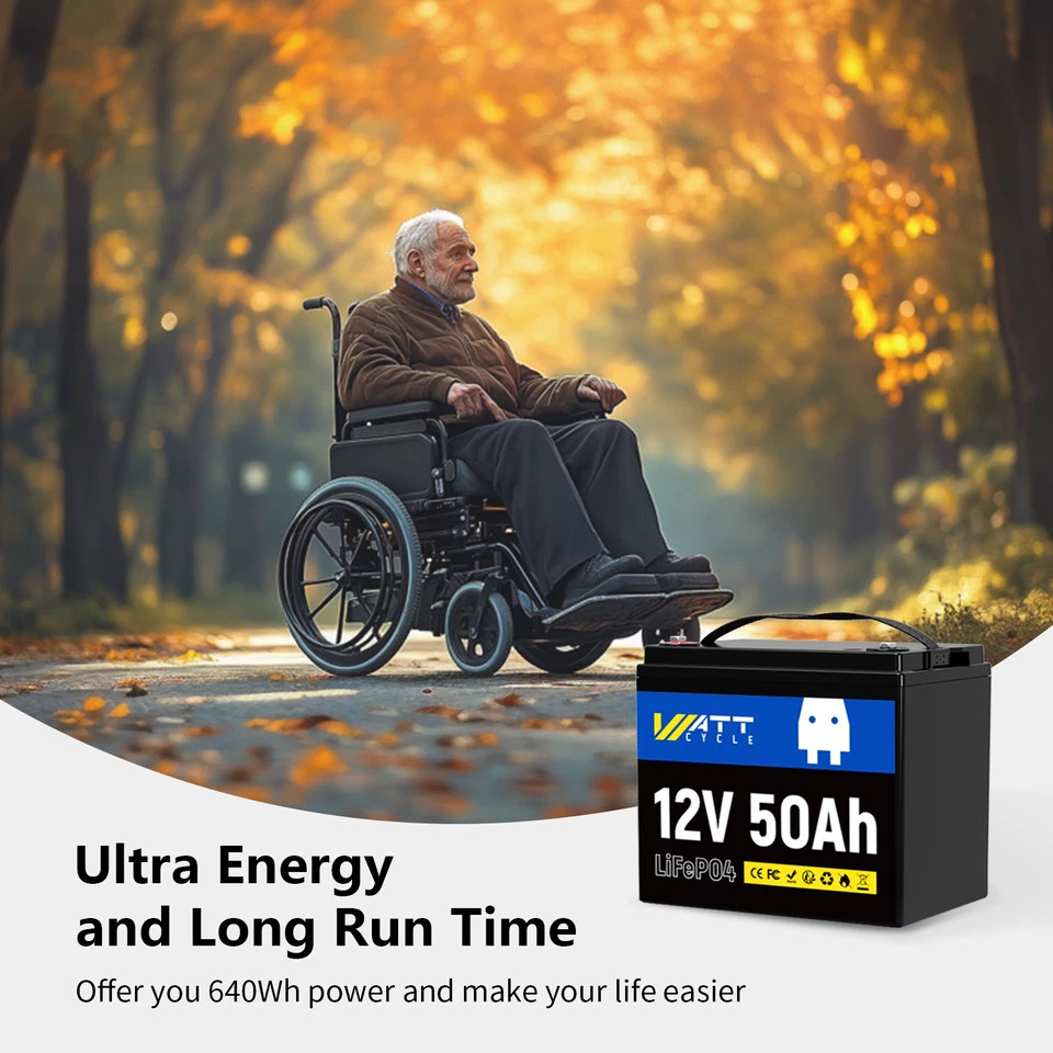 Wattcycle 12V 50Ah 50A BMS 640Wh LiFePO4 Lithium Battery Deep Cycle for Solar