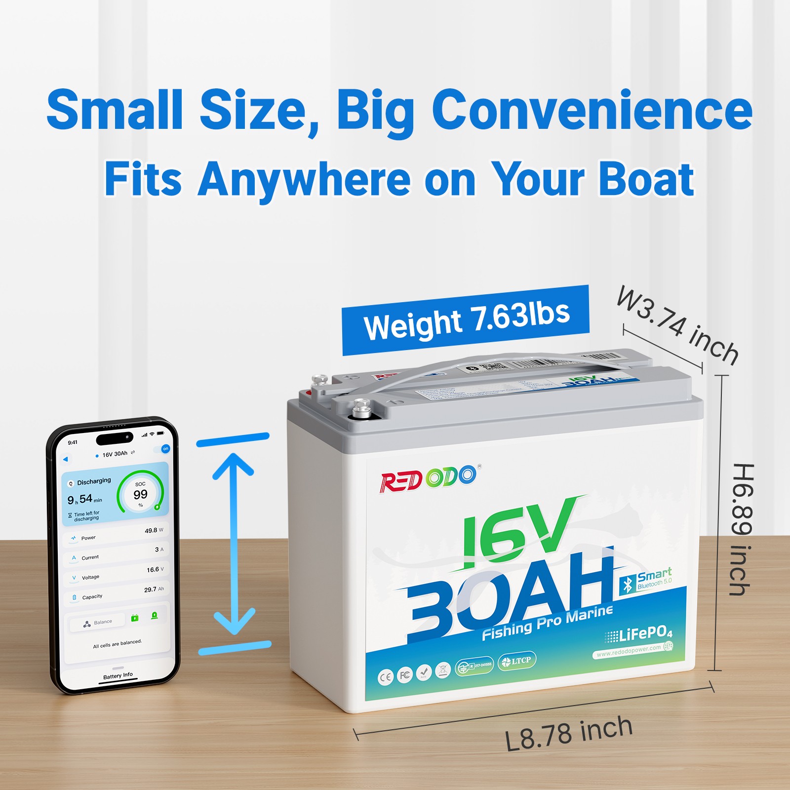 Redodo 16V 30Ah Bluetooth LiFePO4 Battery for Fishfinder,Marine Excellent