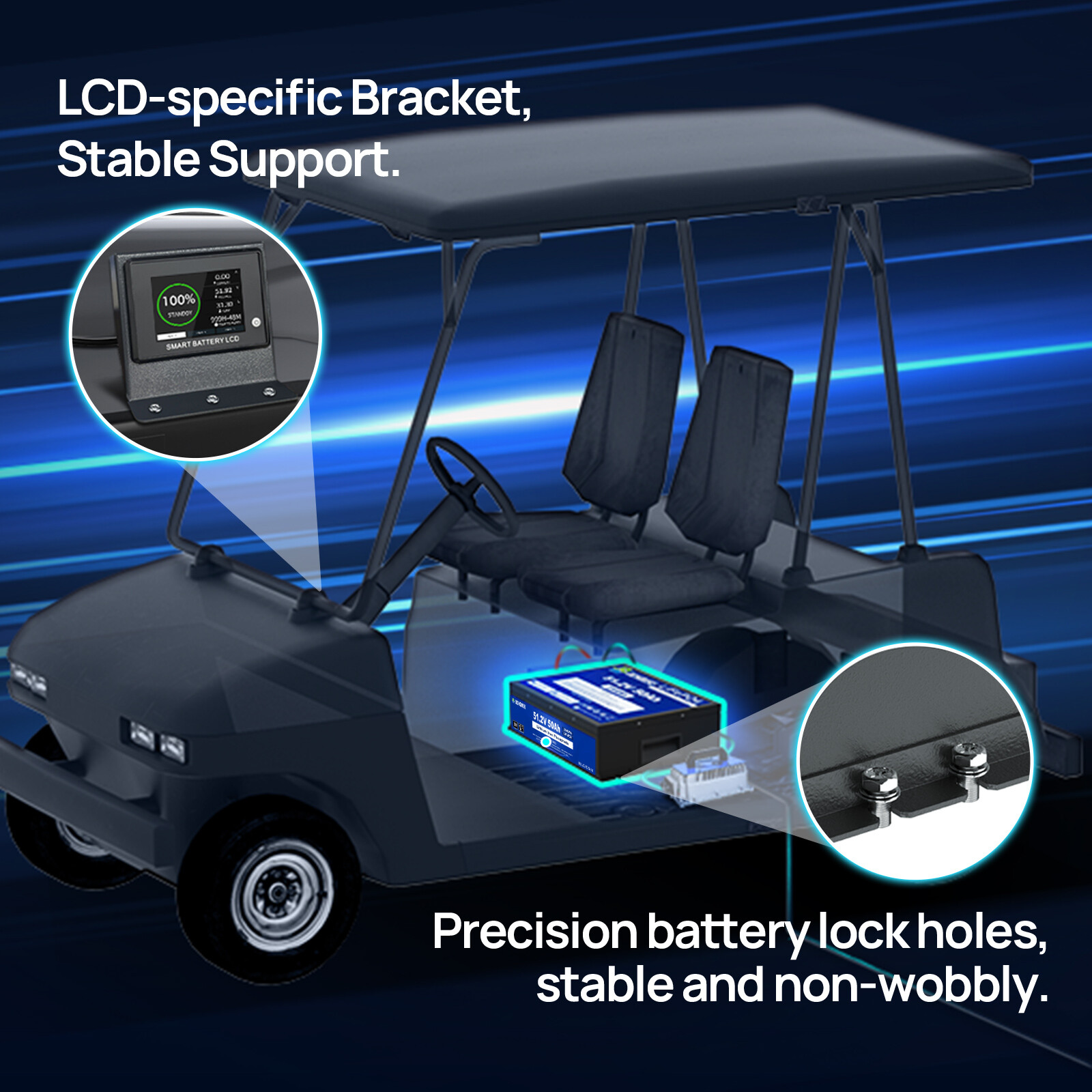 48V 50Ah LiFePO4 Golf Cart Battery Deep Cycle with Smart Monitor Trolling Motor