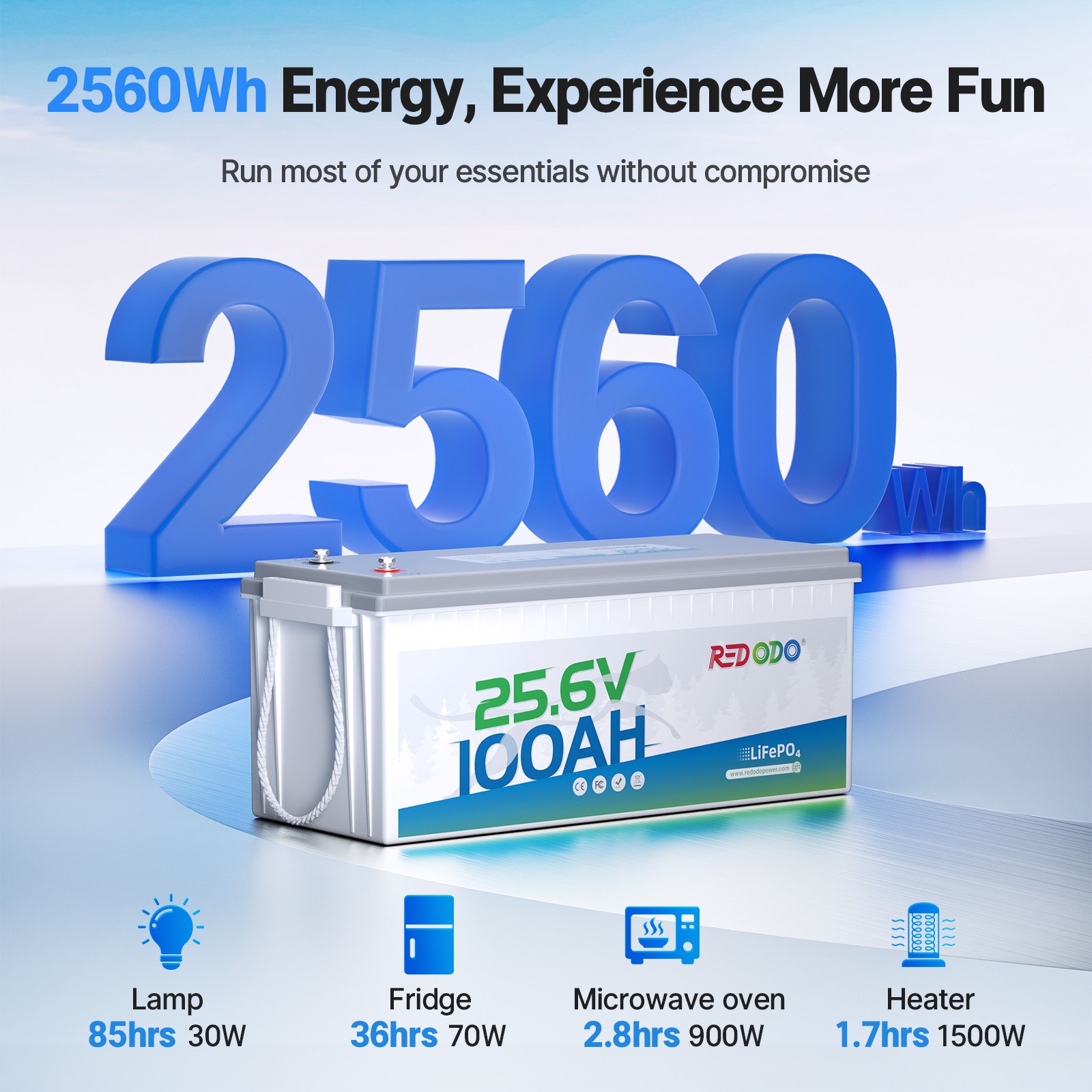 Redodo LiFePO4 24V 100Ah Deep Cycle Lithium Battery for RV Off-grid Solar Marine