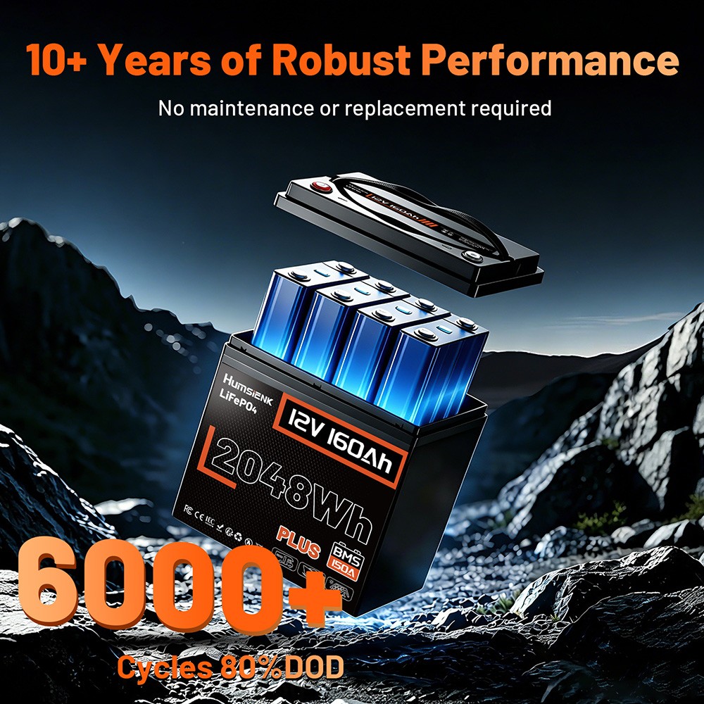 Humsienk 12V 160Ah 2048Wh Lithium LiFePO4 Battery 150A BMS for Marine RV Yacht