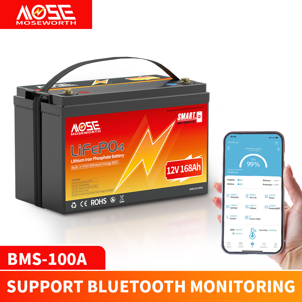 12V 168Ah Bluetooth LiFePO4 Lithium Battery Deep Cycle Smart BMS RV Marine Solar