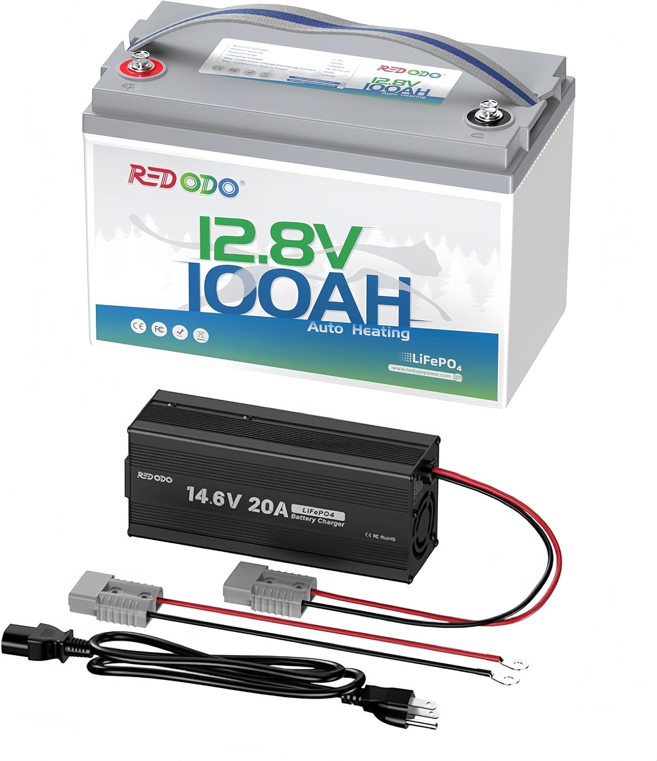 Redodo 12V 100Ah LiFePO4 Battery with 14.6V 20A Charger, Self-Heating, 100A BMS