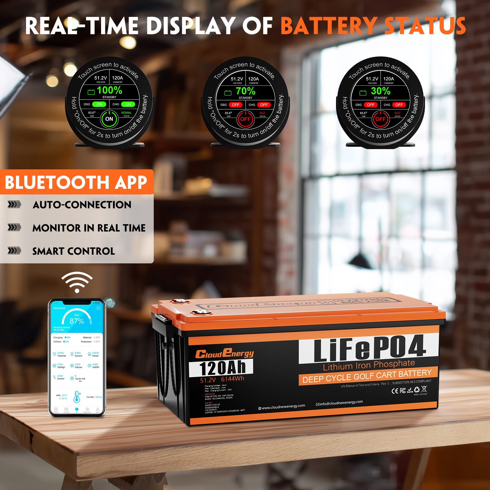 48V 120Ah LiFePO4 Golf Cart Battery Lithium Battery w/ 20A Charger Bluetooth BMS