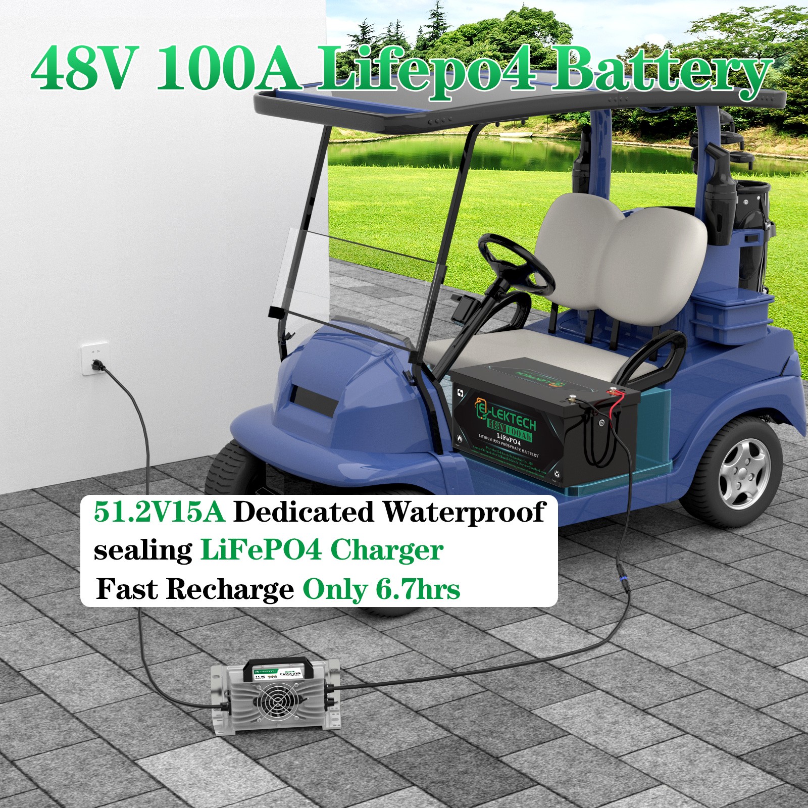 48V 100Ah LiFePo4 Lithium Golf Cart Battery with 15A Charger for Solar Boat RV