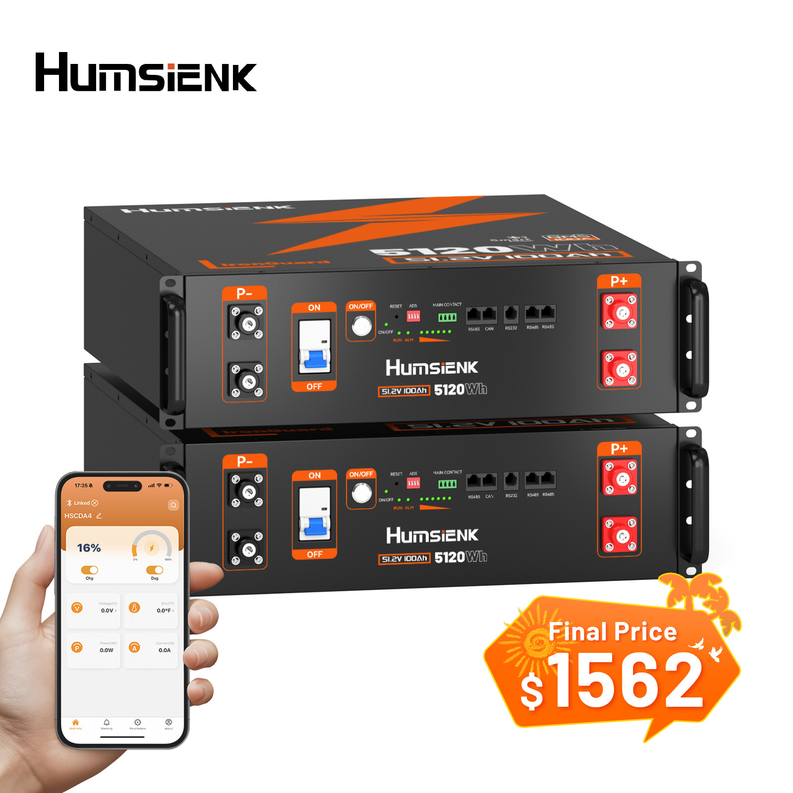 2Pack Humsienk 48V 100Ah 10240Wh Lithium Battery Server Rack UL1973 & UL9540A