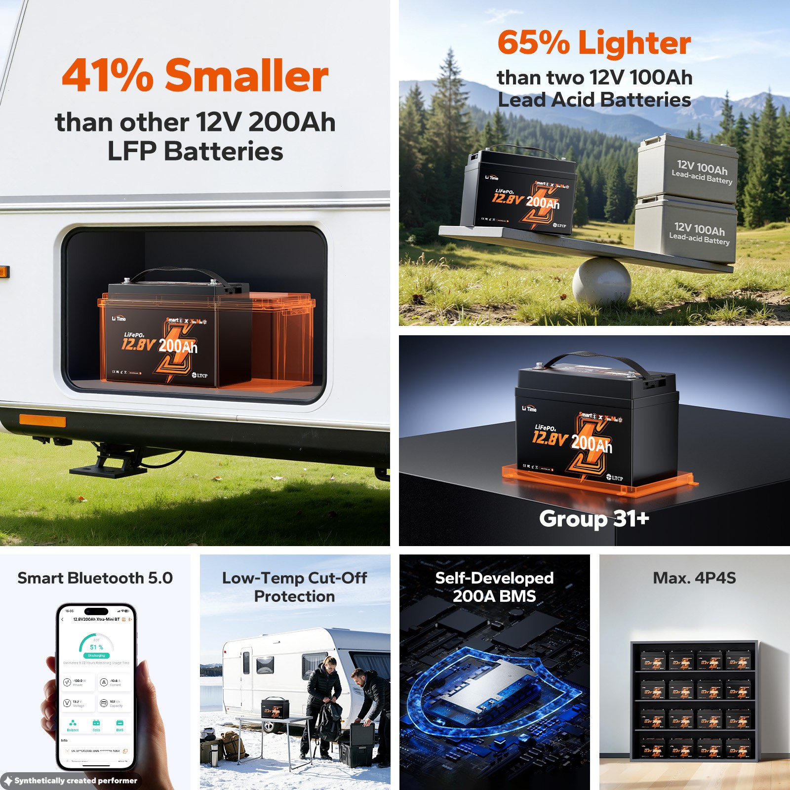 LiTime 12V 200Ah Xtra Mini Group31 Bluetooth LiFePO4 Lithium Battery Deep Cycle