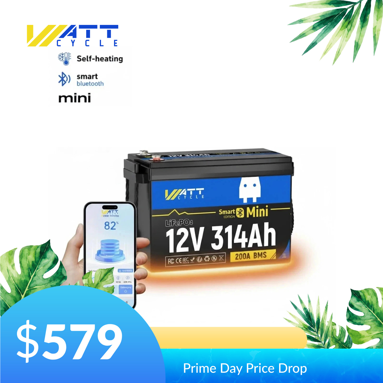 12V 300Ah LiFePO4 Lithium Battery 314Ah Mini 200A BMS Self-Heating for Yacht RV