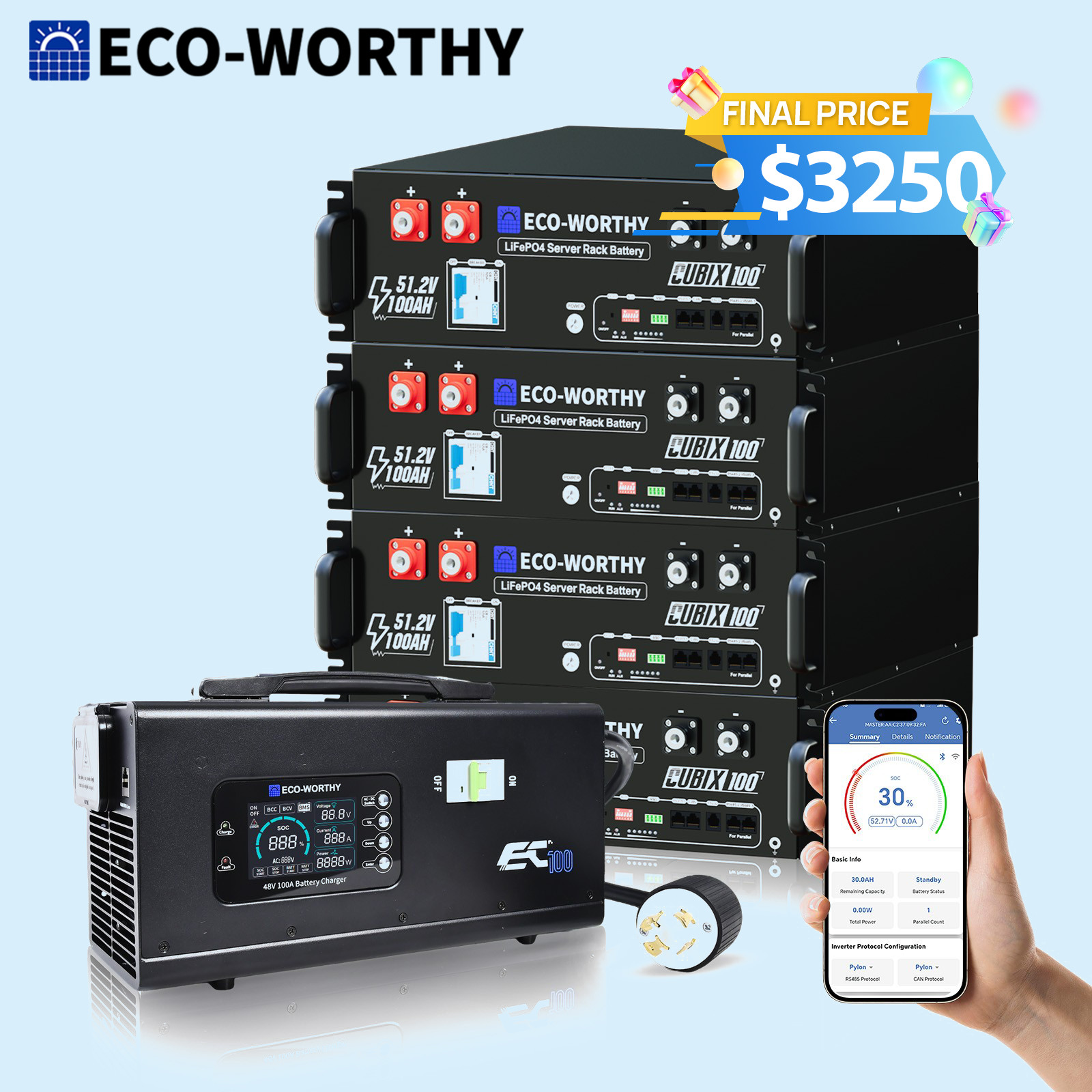 ECO-WORTHY 4Pack 48V 100AH Lithium Battery UL1973 & UL9540A+ 48V 100A Charger