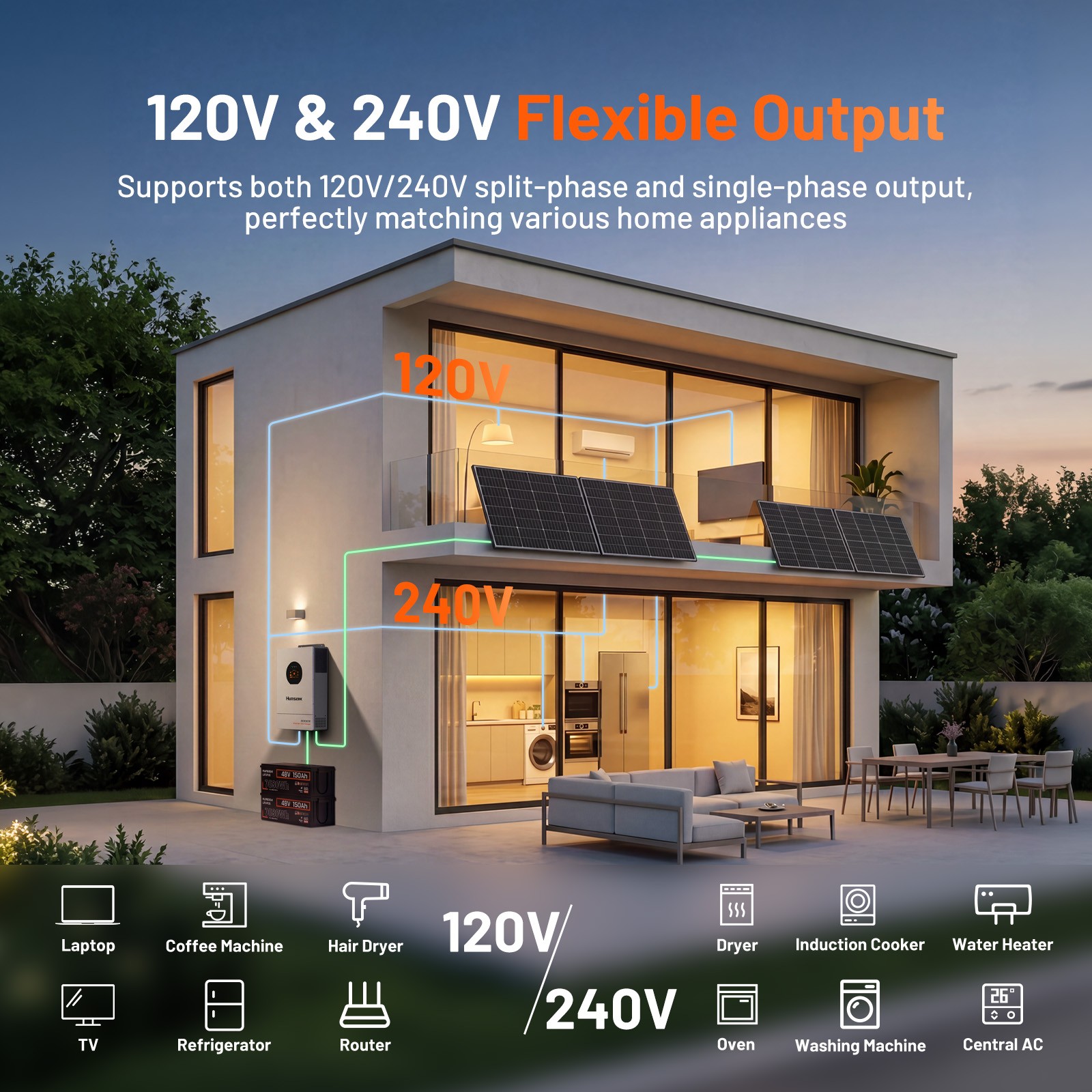 48V 100V 5120Wh Wall-Mounted LiFePO4 Battery +48V 8KW Solar Hybrid Inverter 240V