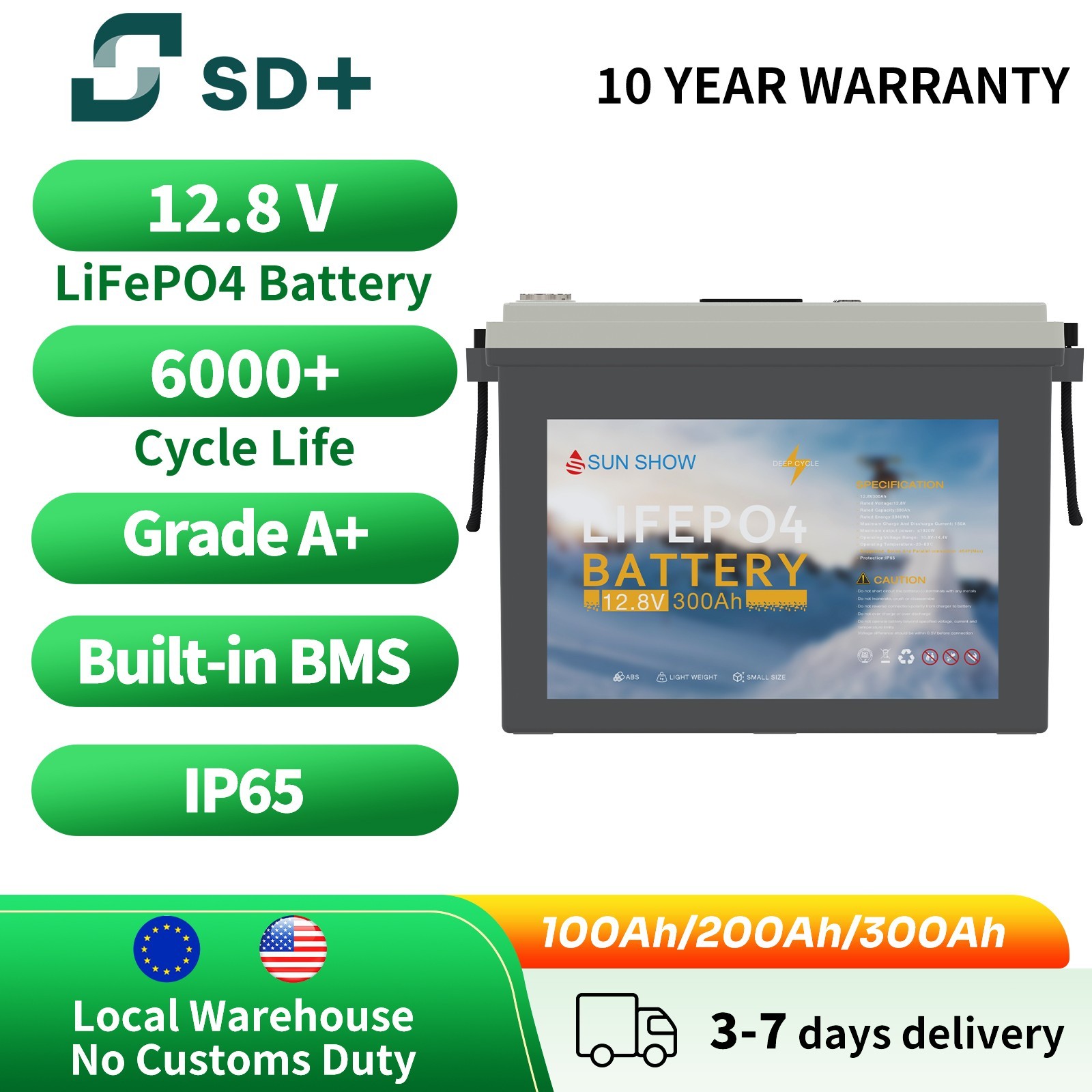12.8V 300Ah LiFePO4 Lithium Battery BMS 150A IP65 Marine Trolling Motor 3840Wh