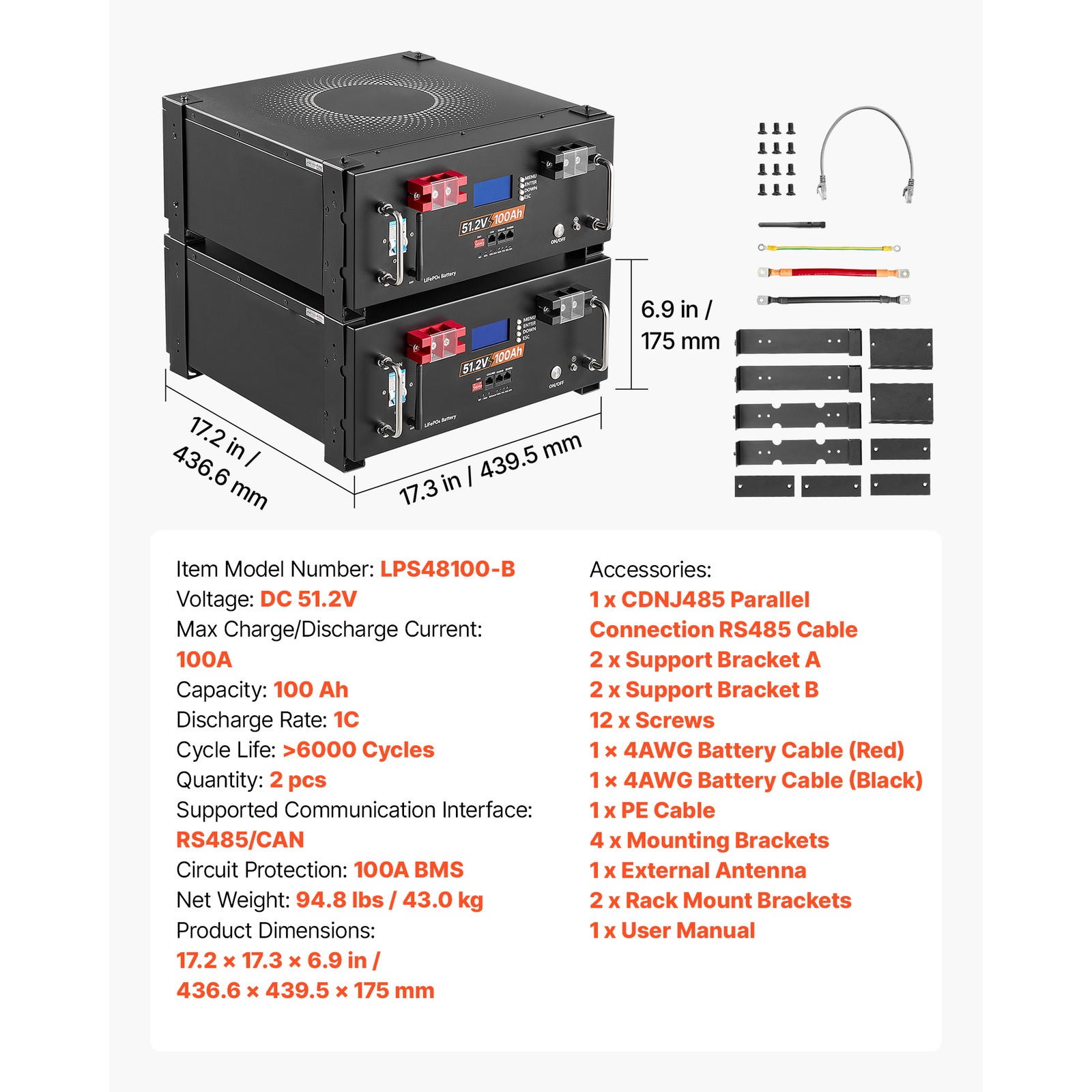 Uimoso 48V 100Ah LiFePO4 Lithium Battery with 100A BMS for Server Racks, 2 Units