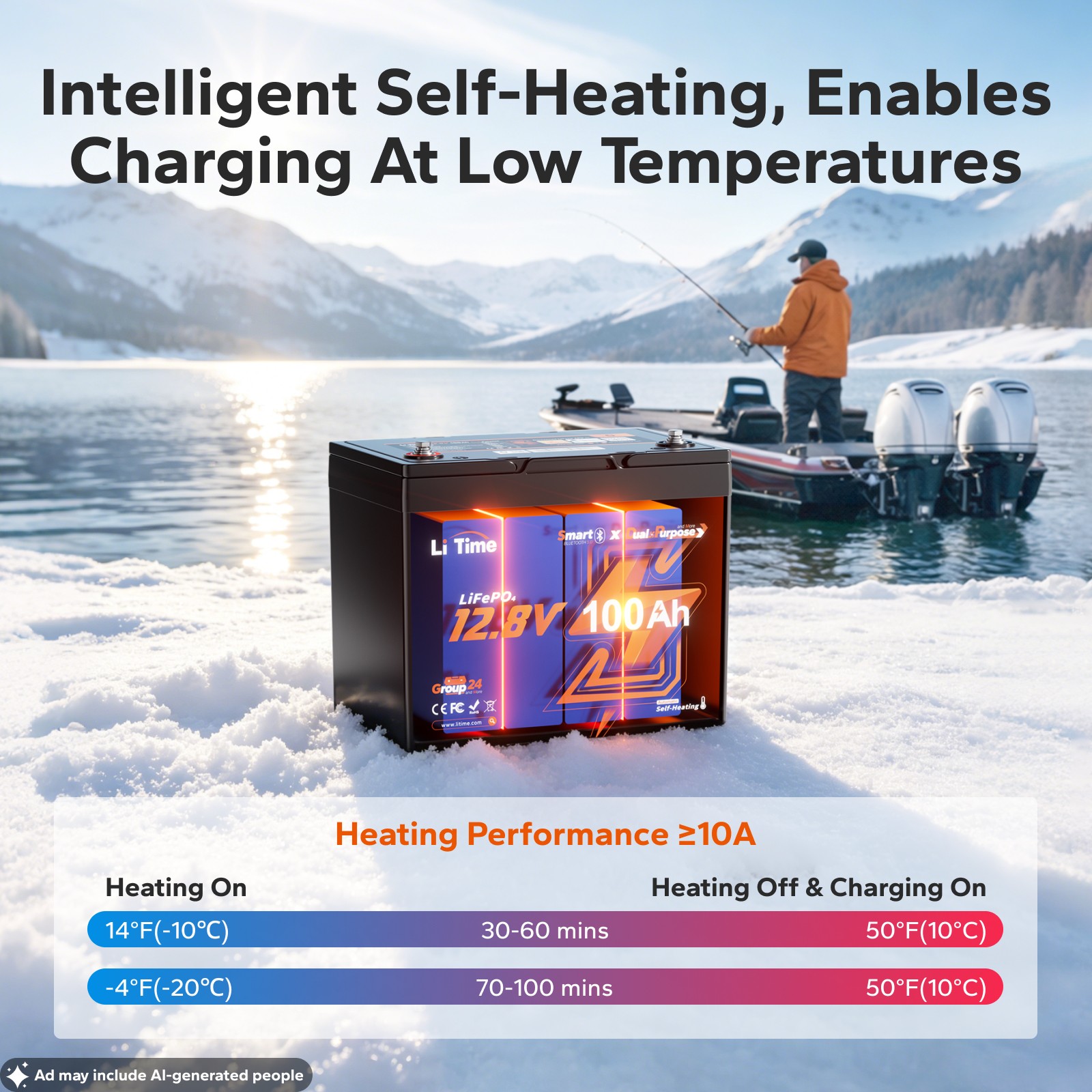 LiTime 12V 100Ah Group 24 Self-Heating Dual Use Marine Starting Lithium Battery