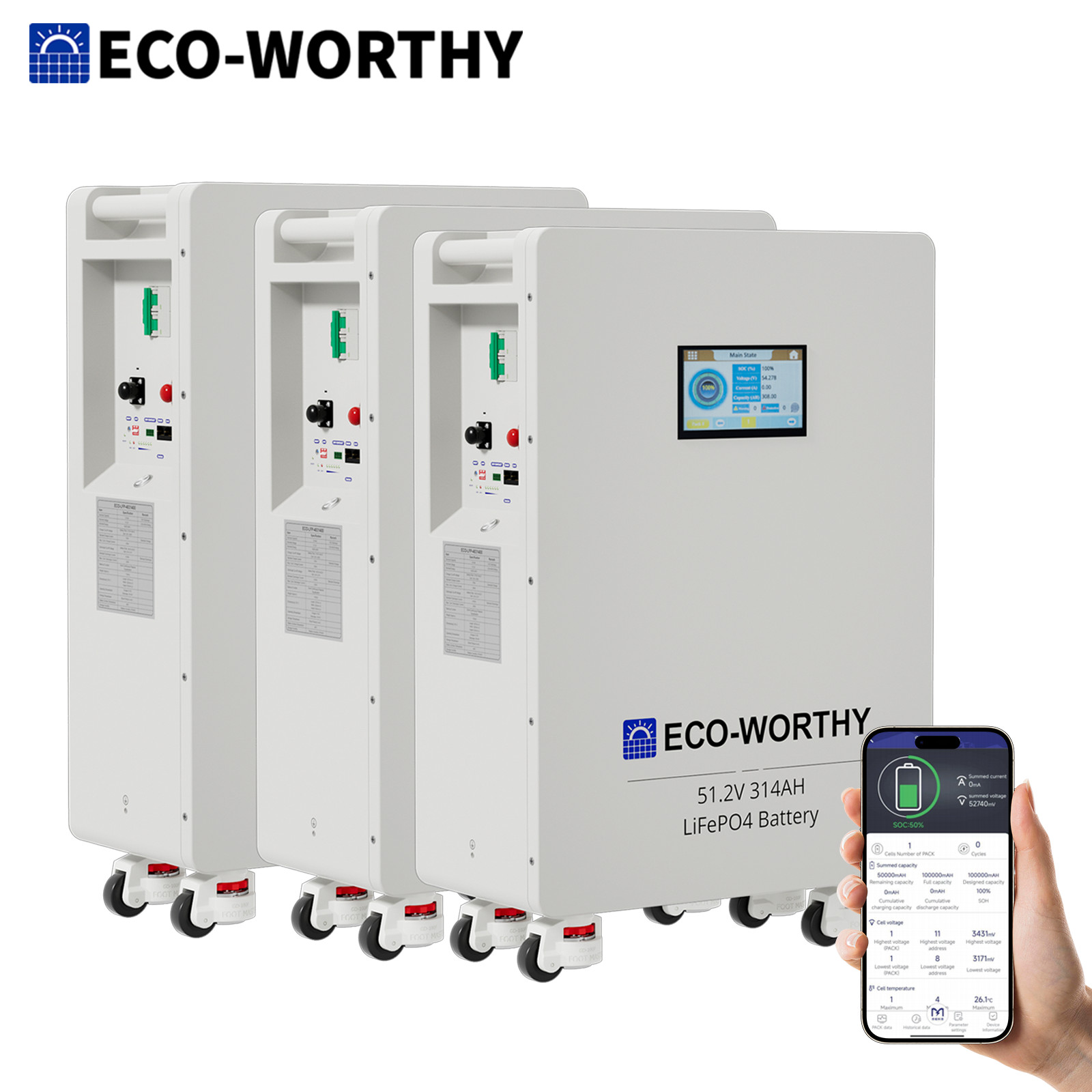 ECO-WORTHY 48.23kWh 3Pack 48V 314AH LiFePO4 Battery Vertical Standing Backup