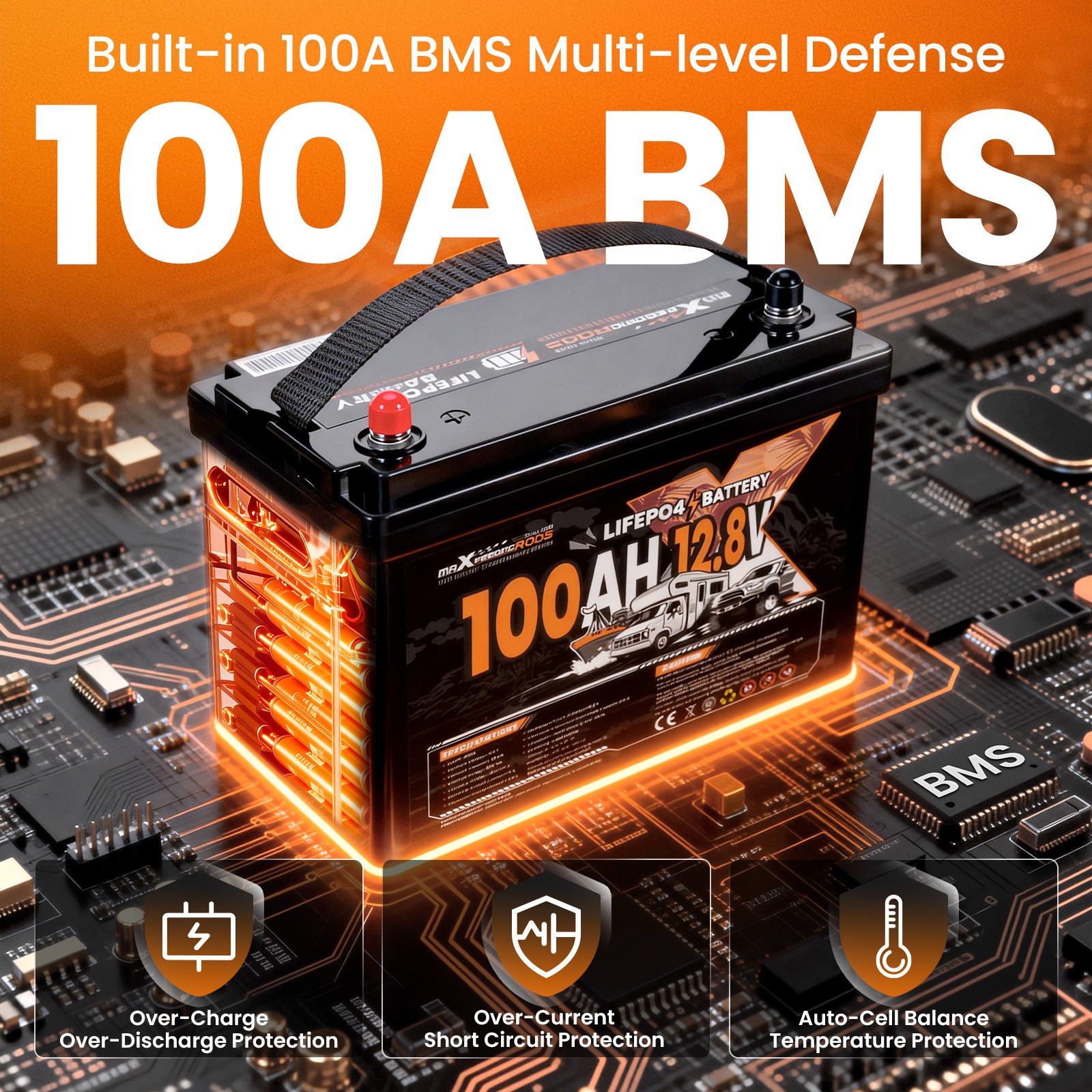 12V 100Ah Lithium LiFePO4 Battery for RV Boat Caravan,Marine Built-in BMS
