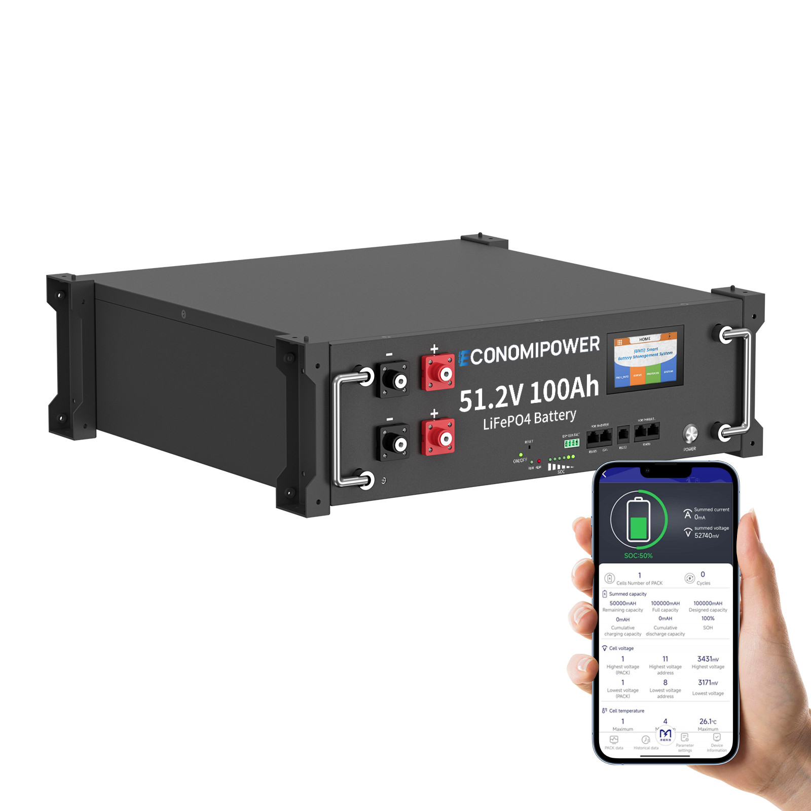 48V 100Ah 3U Rack LiFePO4 Battery 100A BMS Bluetooth Solar Home Off-Grid Storage