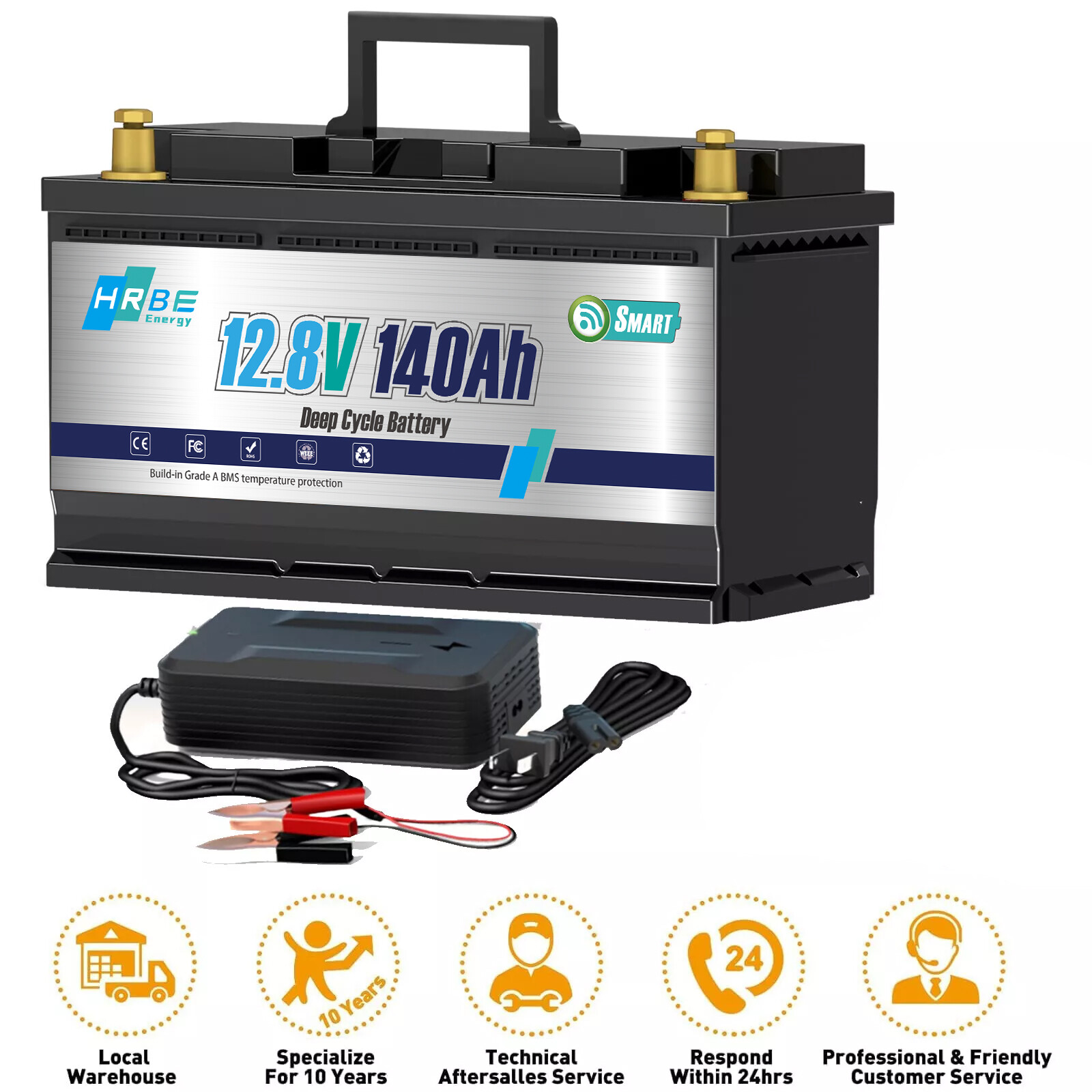 12V 140AH Smart LiFePO4 Lithium Battery with Charger 100A BMS 15000+ Deep Cycles
