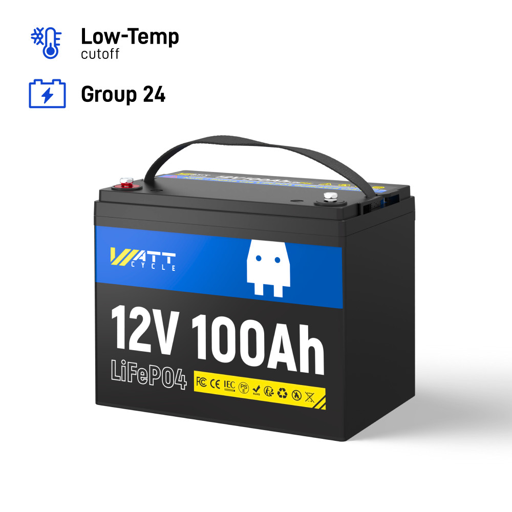 Wattcycle 12V 100Ah LiFePO4 Lithium Battery + 20A Charger Included for RV Solar