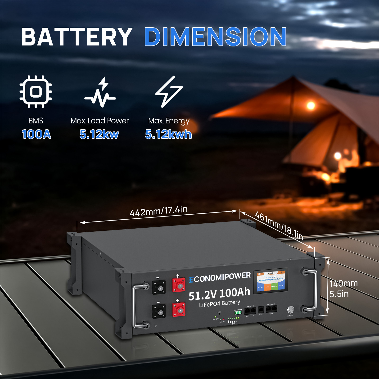 48V 100Ah 3U Rack LiFePO4 Battery 100A BMS Bluetooth Solar Home Off-Grid Storage