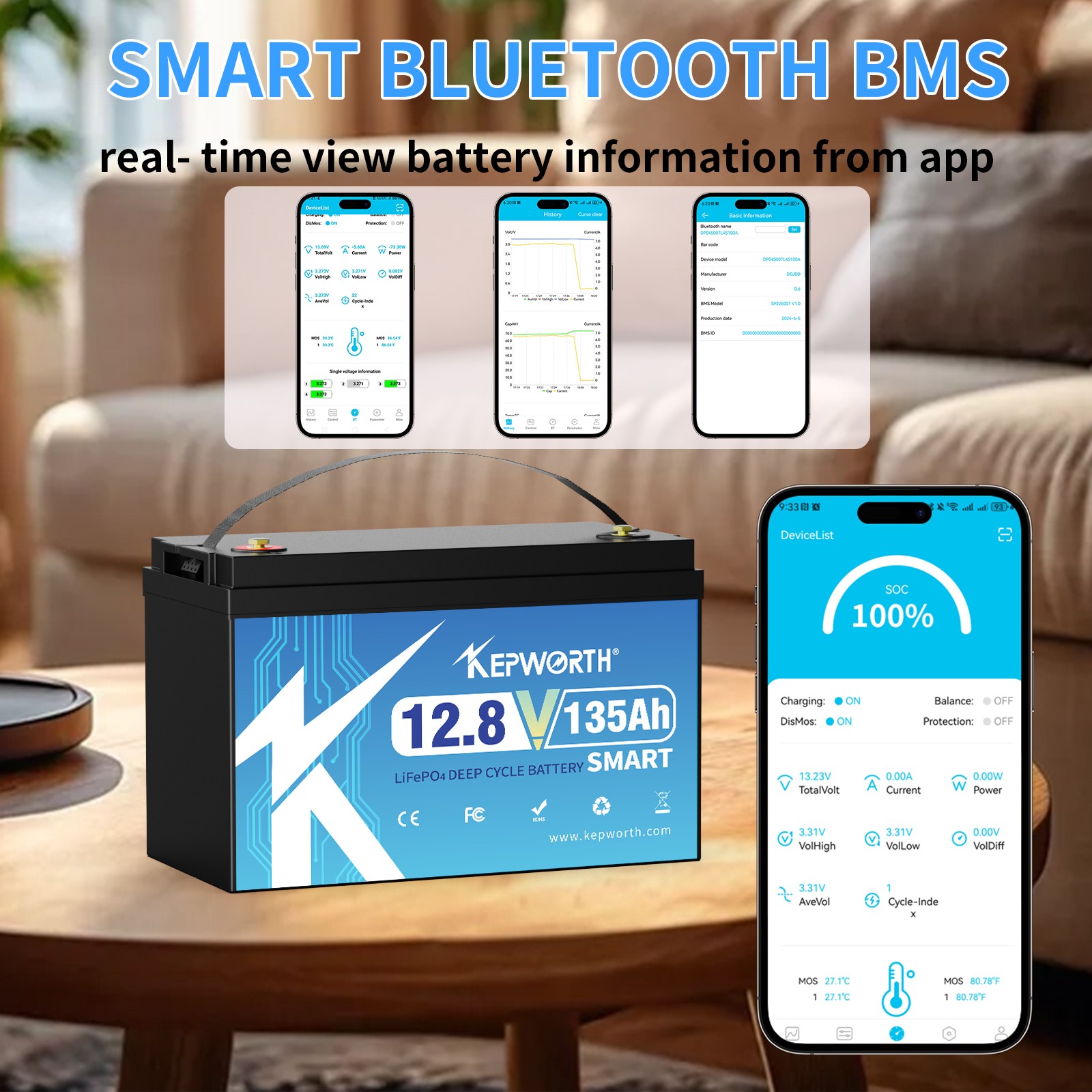 12V 135Ah Lithium LiFePO4 Battery Bluetooth BMS Smart for RV Solar Boat Off-grid