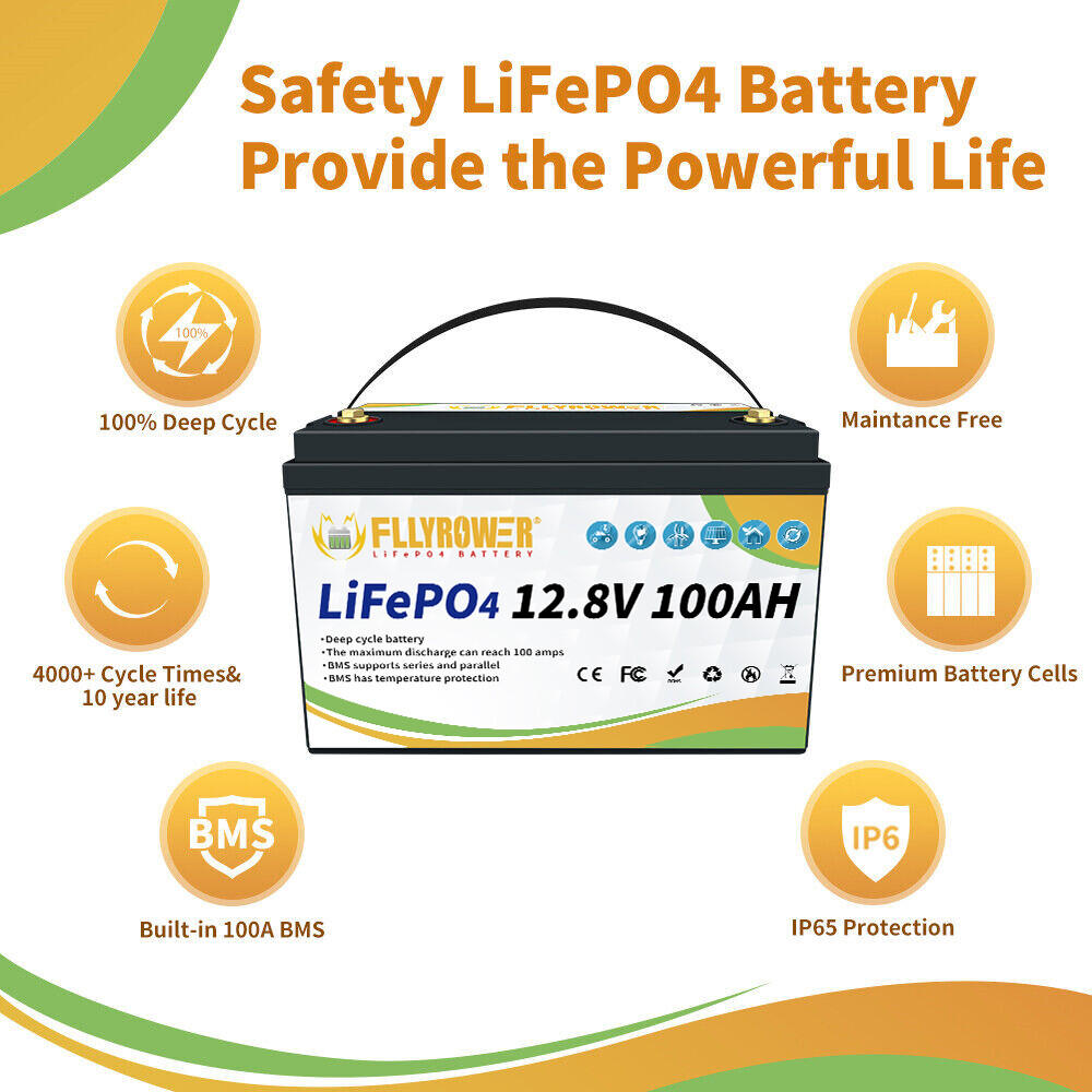 12V 100Ah LiFePO4 Deep Cycle Lithium Battery w/ 100A BMS for Solar RV Off-grid