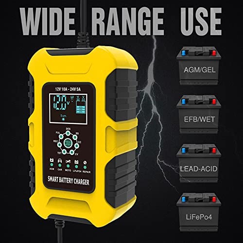 12V/24V 10-Amp Car Battery Quick Charger for Wet/GEL/SLA/LiFePO4/Lead-Acid/AGM
