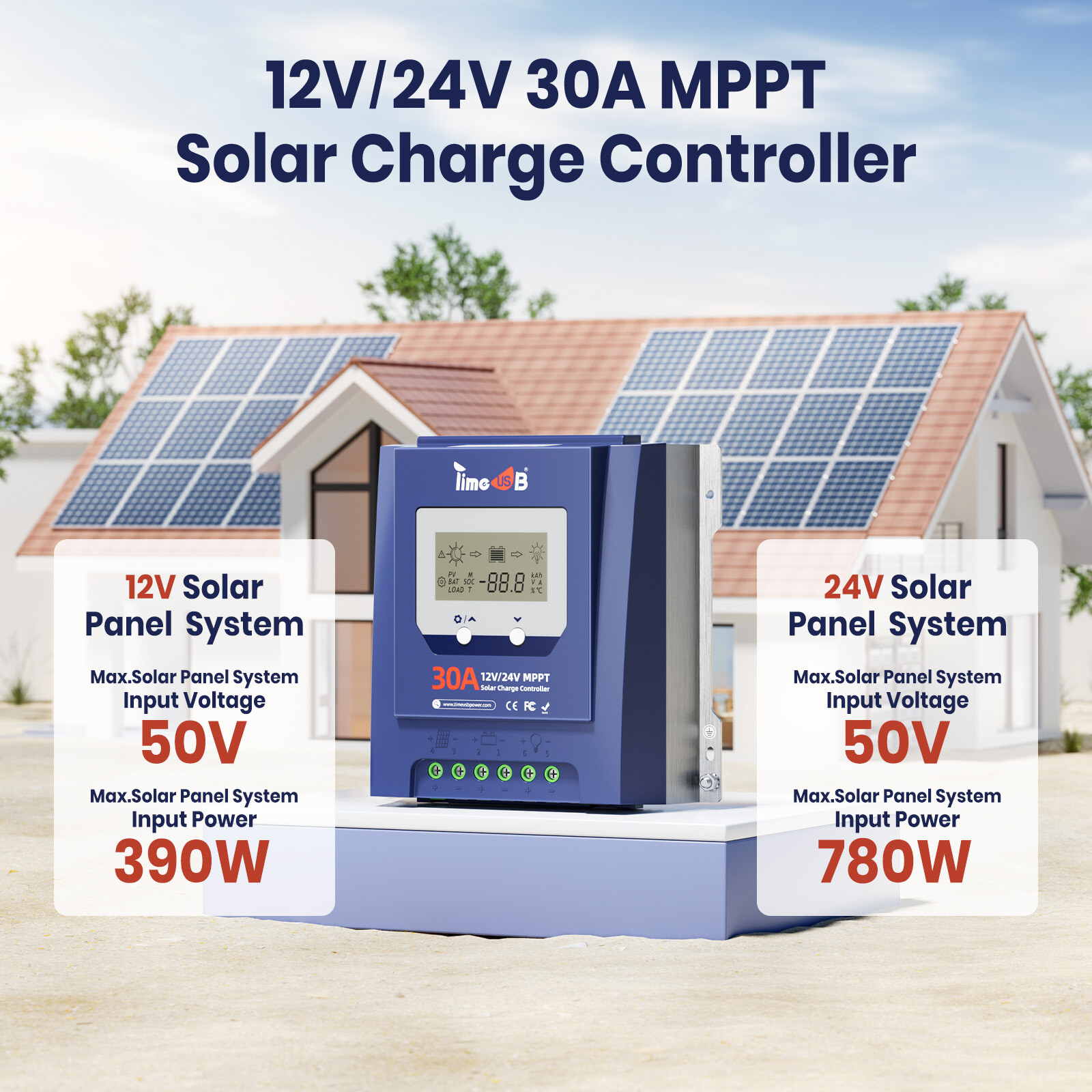 Timeusb 30 Amp MPPT 12V/24V Auto DC Input Solar Charge Controller & LCD Screen