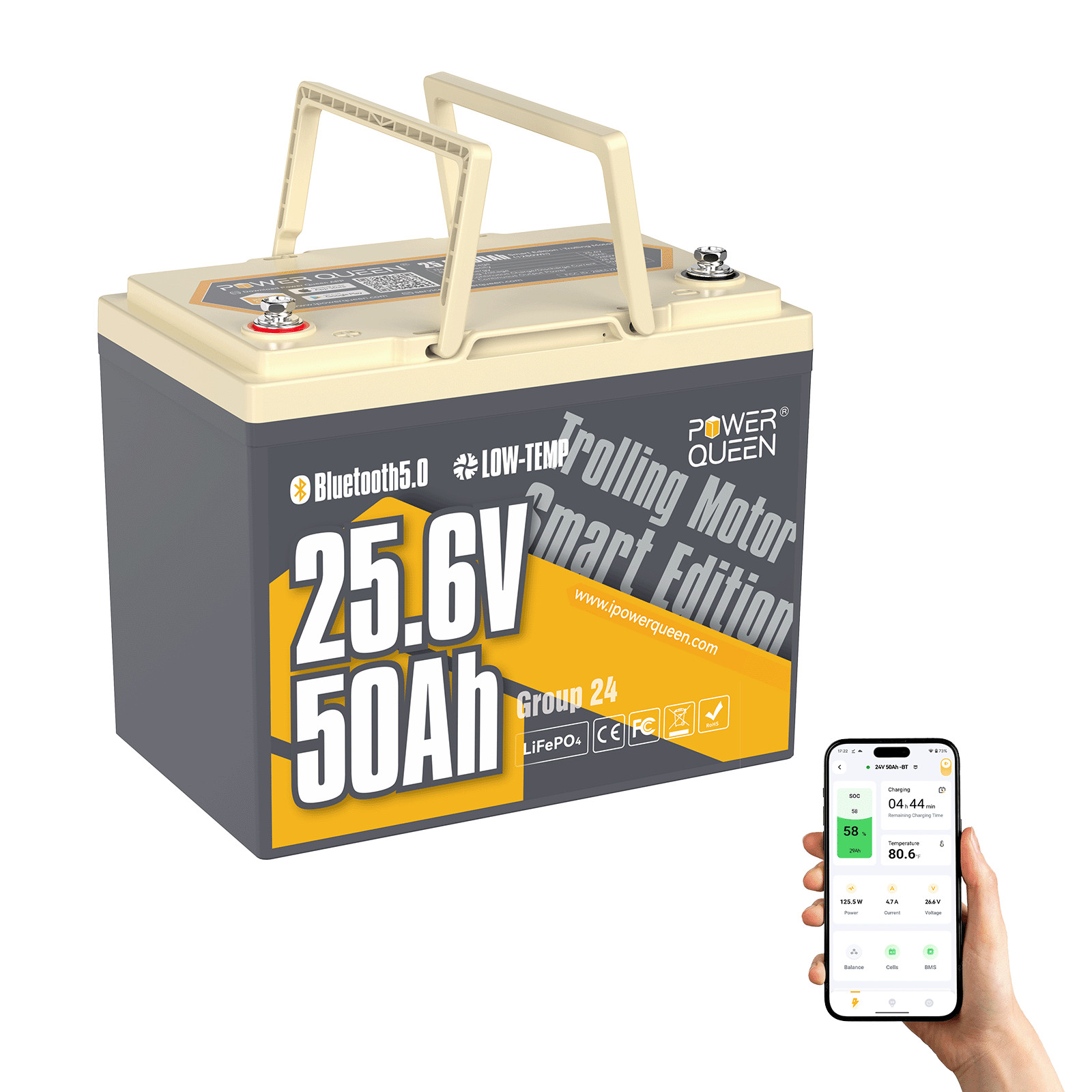 Power Queen 24V 50Ah Bluetooth LiFePO4 Battery for Trolling Motor-Used