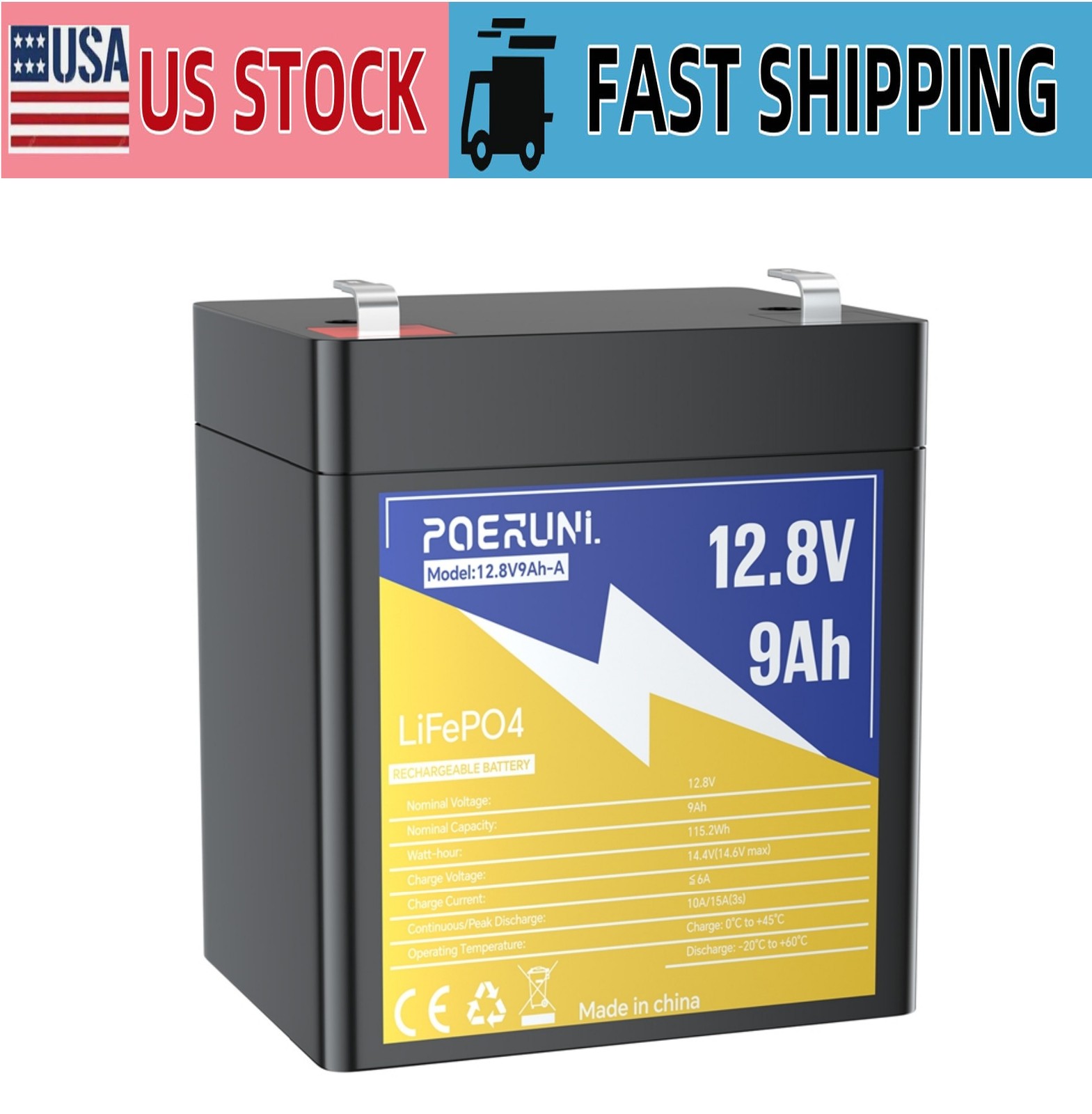12.8V 9Ah LiFePO4 Lithium Iron BMS Phosphate 2000+ Cycles Rechargeable Battery