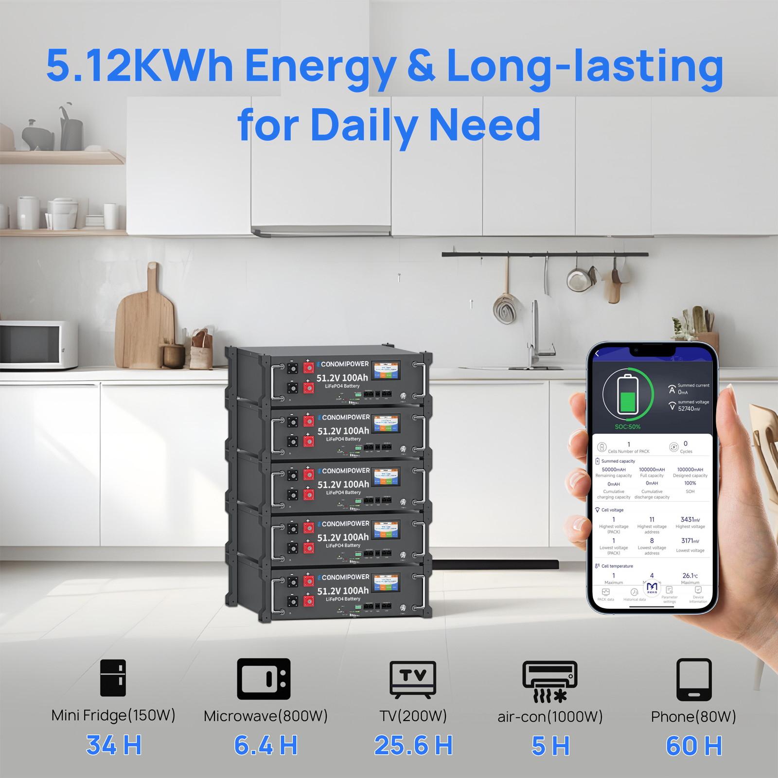 51.2V 100Ah Rack LiFePO4 Battery 100A BMS Bluetooth Solar Home Storage Off-Grid