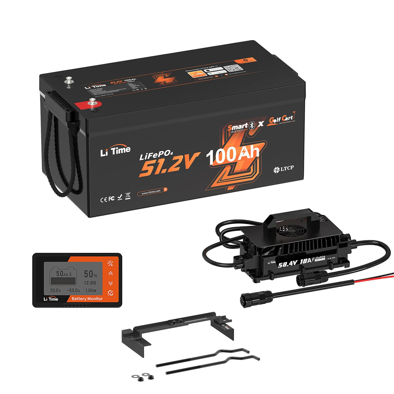 LiTime 48V 100Ah Bluetooth Golf Cart LiFePO4 Lithium Battery Charger Monitor Set