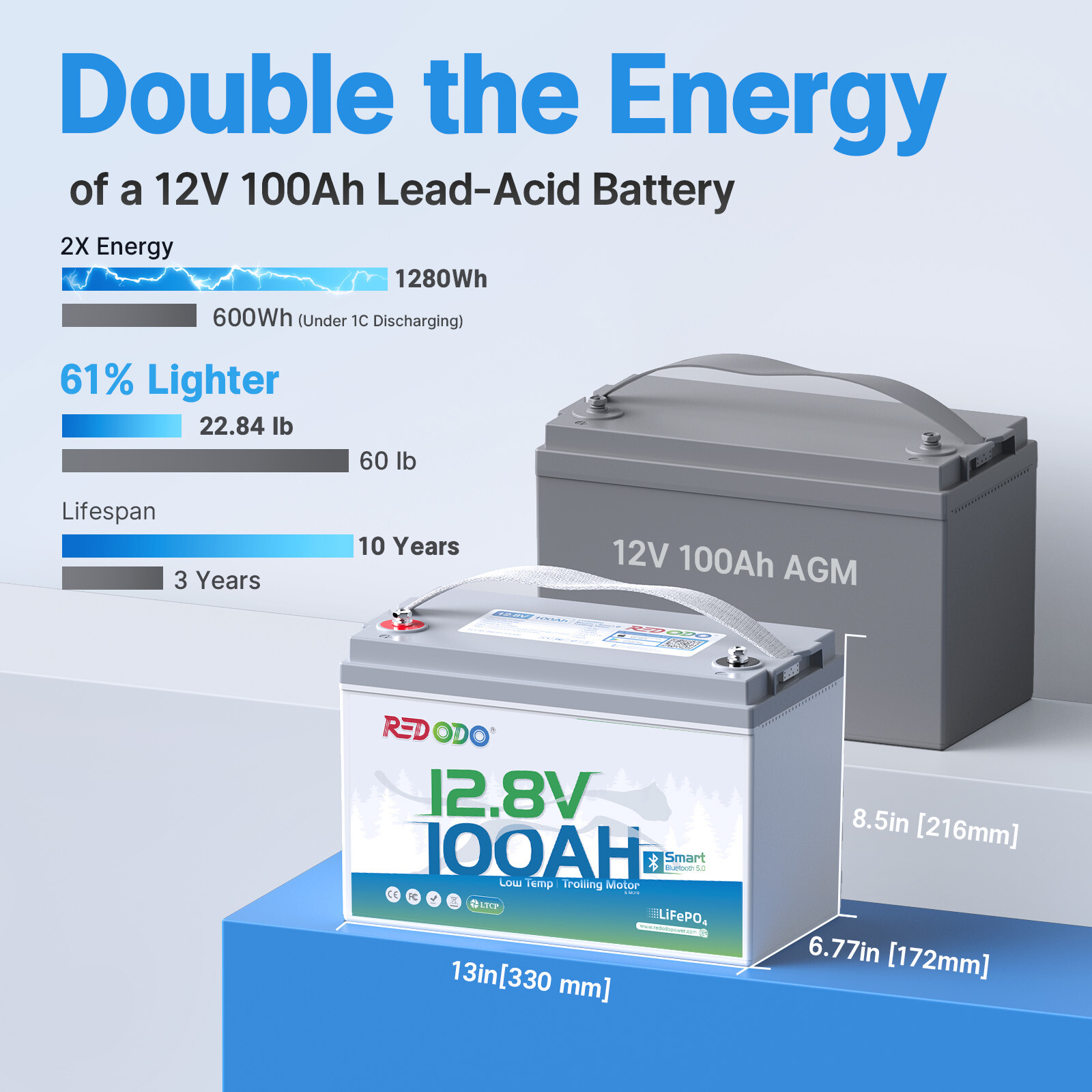 Redodo 12V 100Ah Bluetooth LiFePO4 Lithiium Battery with BMS, Low Temp Cut-off