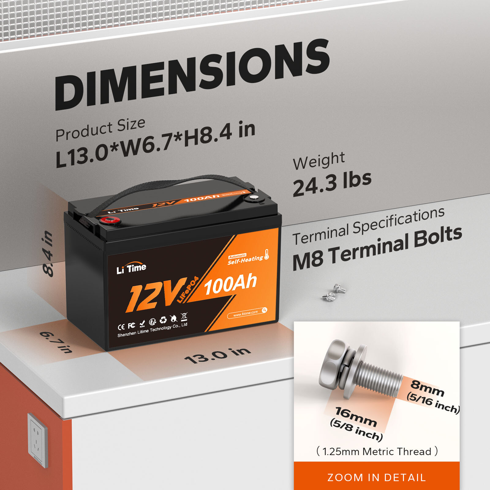 Litime 12V 100Ah Self Heating LiFePO4 Lithium Battery For RV Marine-Refurbished
