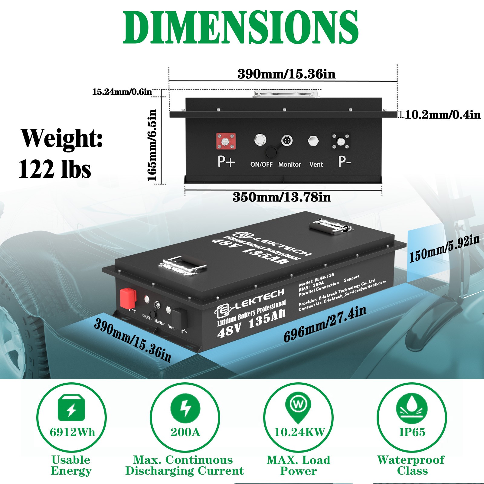 48V 135Ah Golf Cart LiFePO4 Lithium Battery kit 200A BMS with Charger Monitor