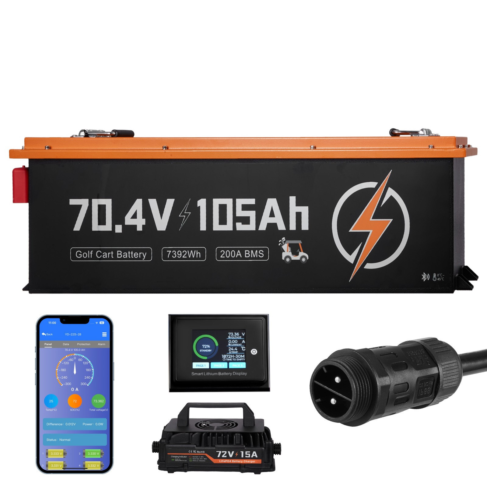72V 105Ah Golf Cart Lithium Lifepo4 Battery & 15A Charger LCD Monitor Metal Case