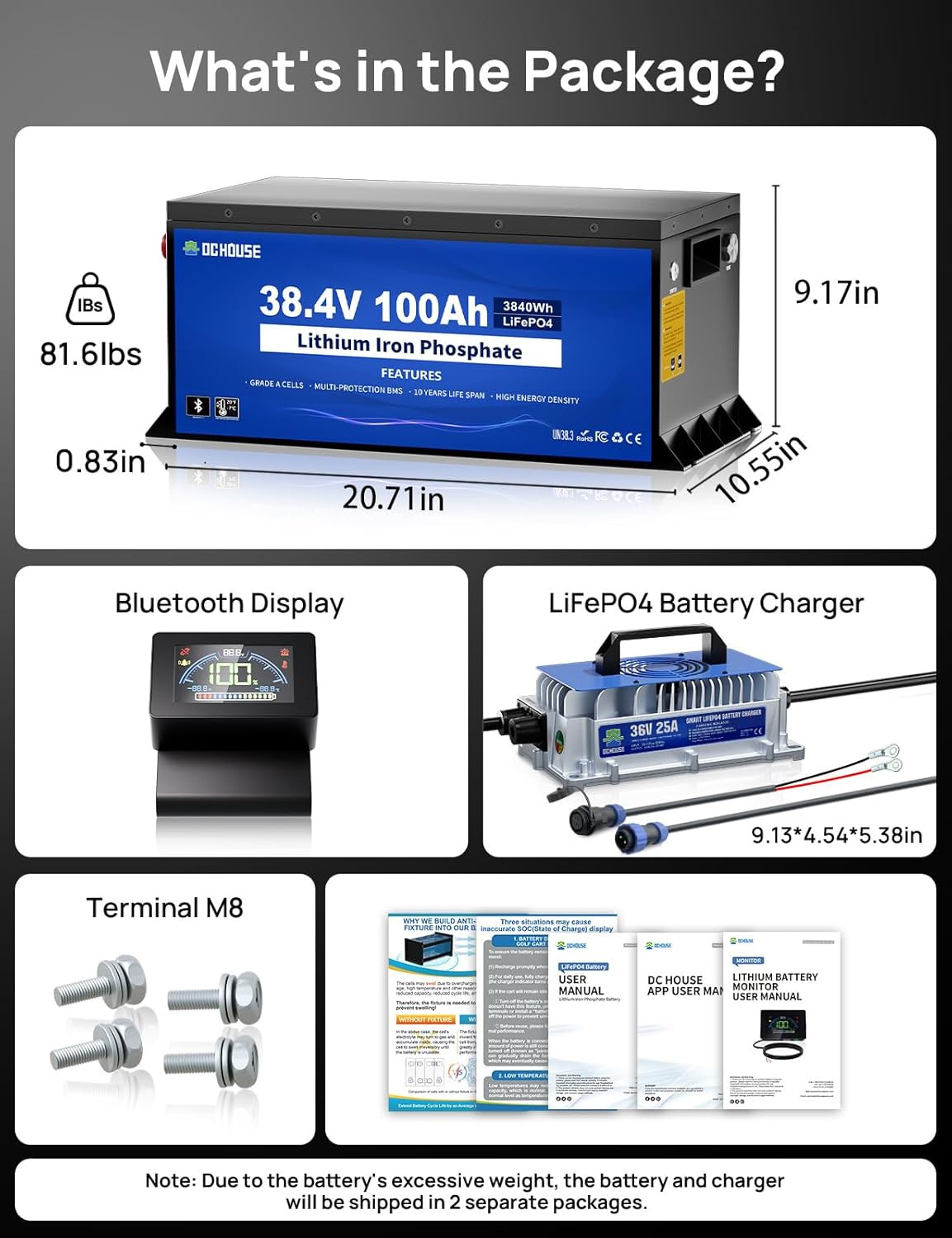 Metal Case 36V 100Ah Pro Lithium Golf Cart Battery, Lifepo4 Battery with 36V 25A