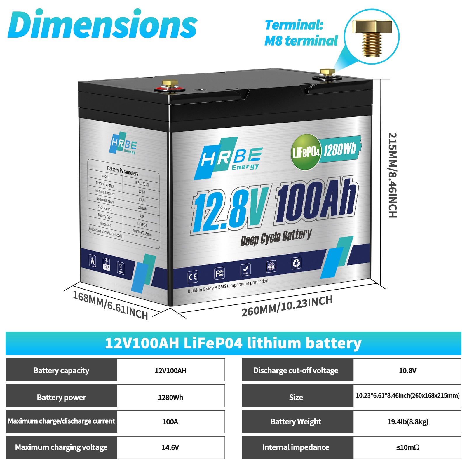 HRBEENERGY 2 Pack 12V 100Ah LiFePO4 Deep Cycle Lithium Battery BMS for Solar RV